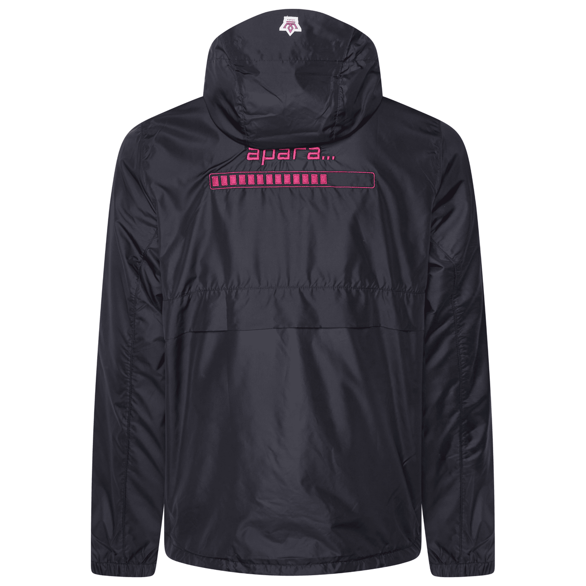 Back view showcasing large APARA LOADING logo on black orchid windbreaker