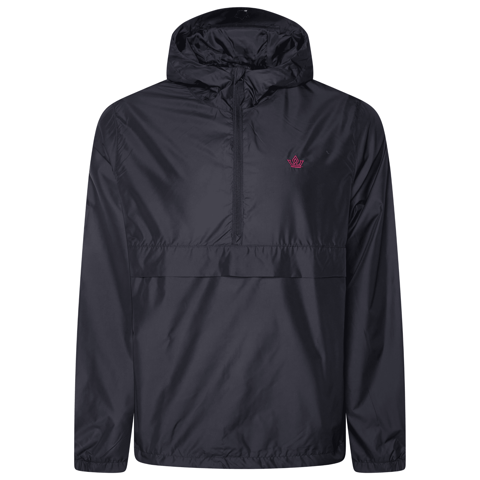 Front view of black orchid windbreaker jacket with skeleton crown embroidery by ACRA