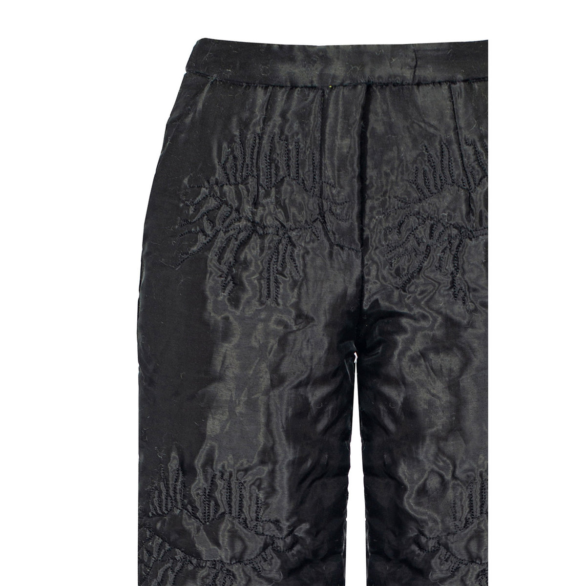 Black padded organza straight pants with quilted lips by MASHAT