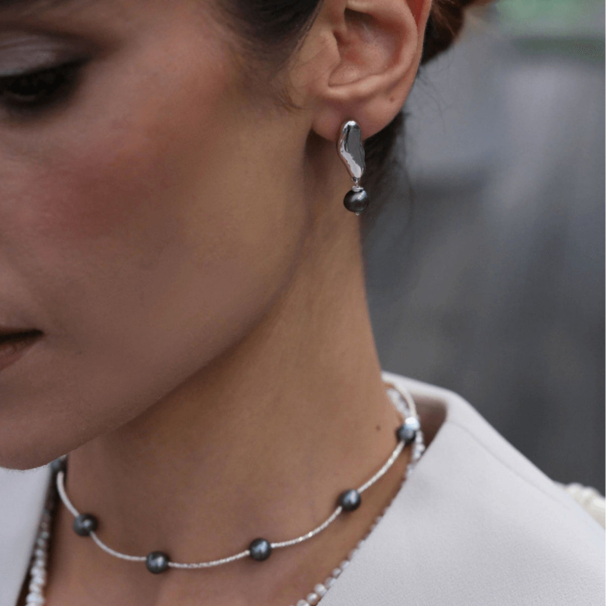 LINYA JEWELRY - Black Pearl Dangle Earrings Silver, buy at DOORS NYC
