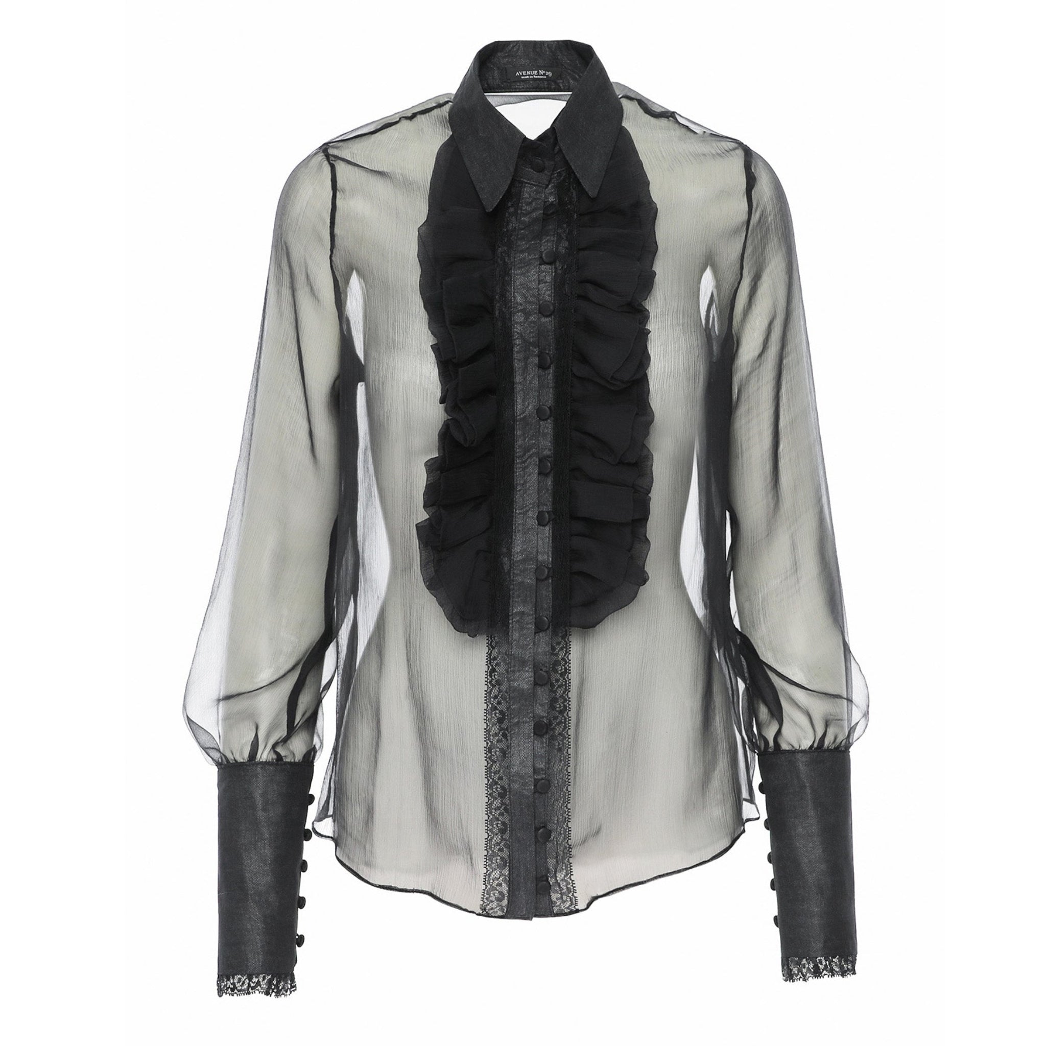 Sheer blouse with black ruffled accents on a white background
