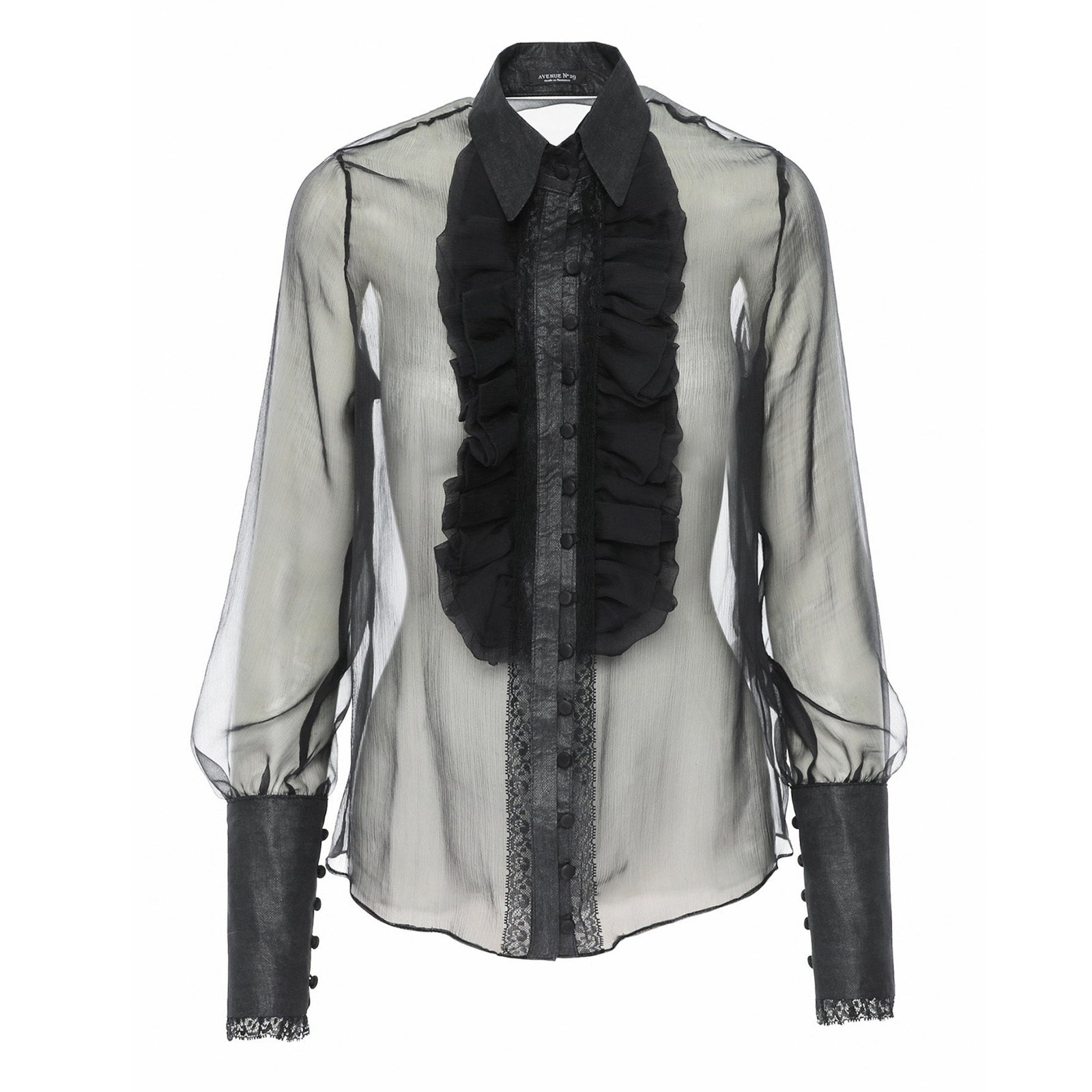 Sheer blouse with black ruffled accents on a white background
