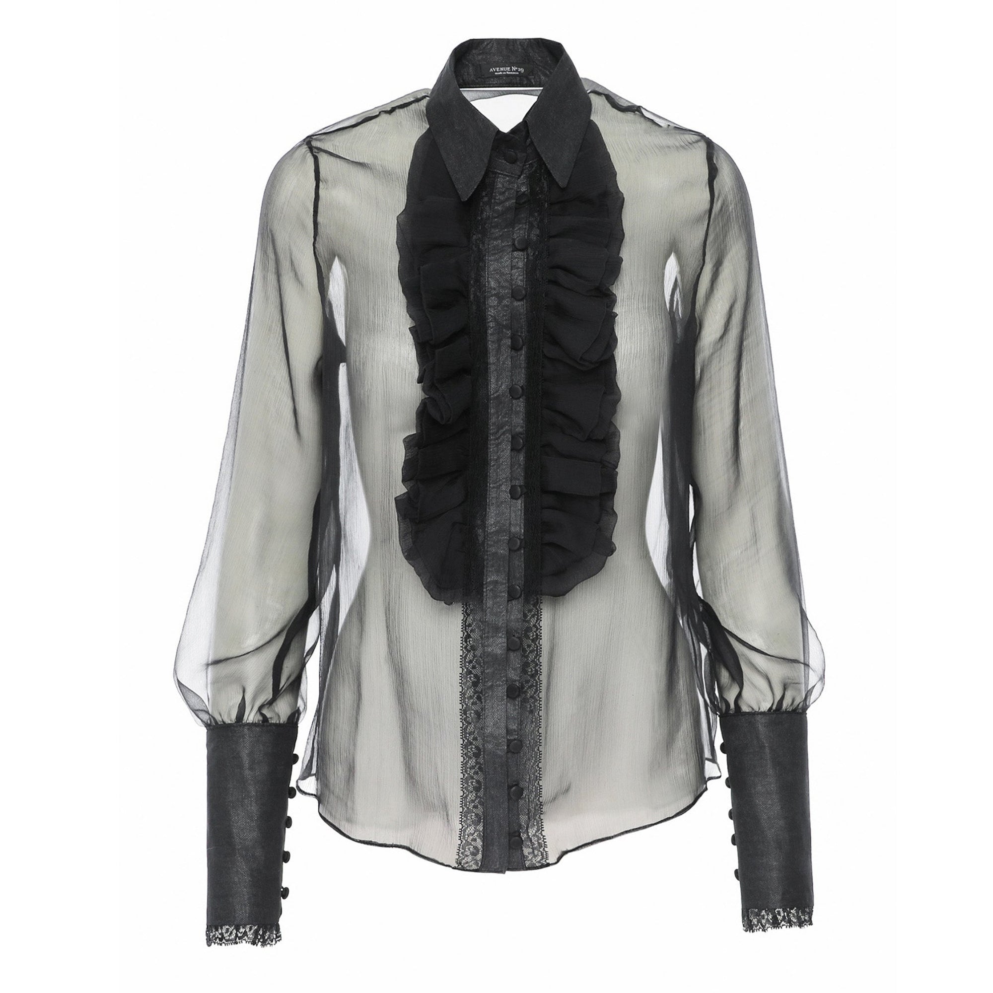 Sheer blouse with black ruffled accents on a white background