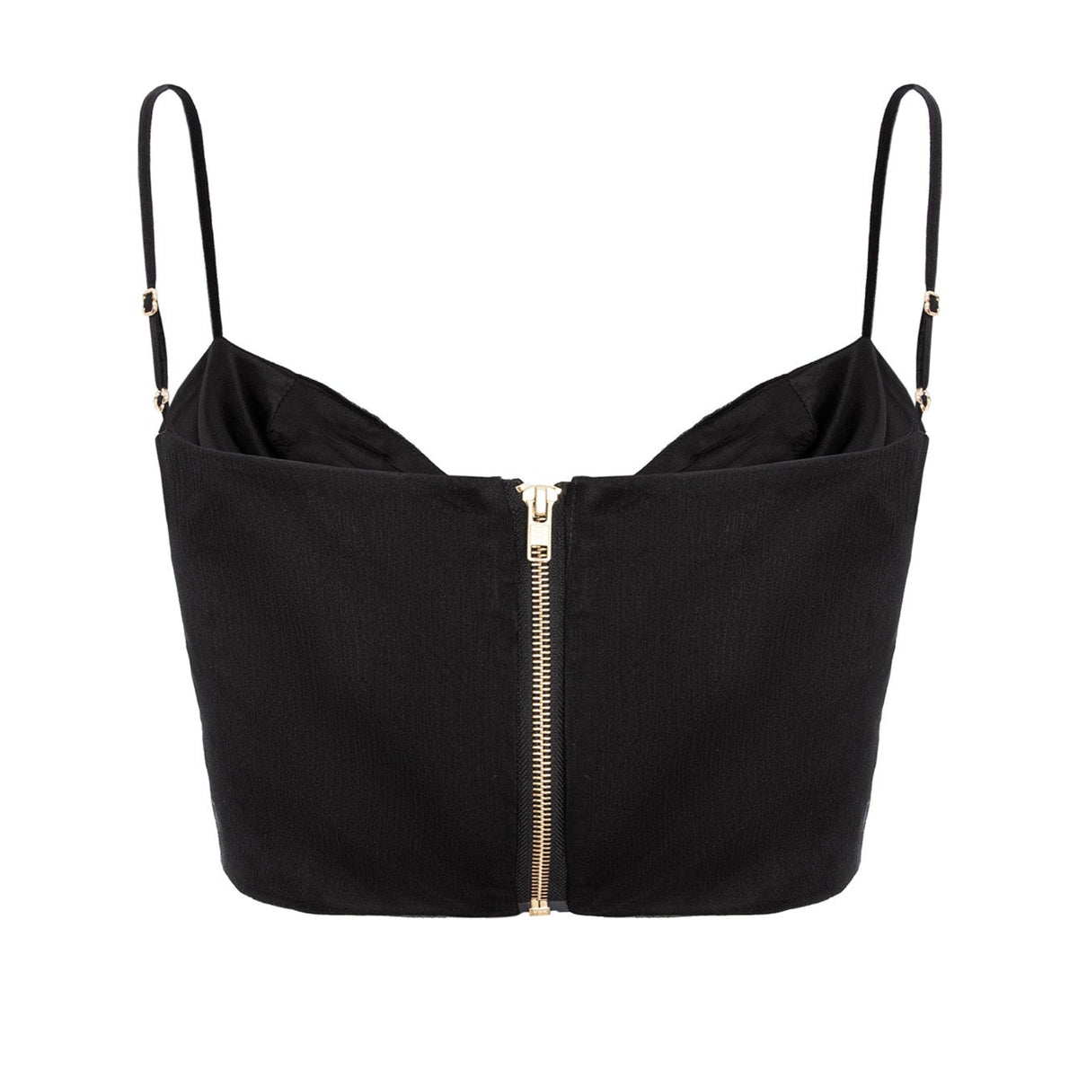 Black crop top with thin straps and zipper on a white background