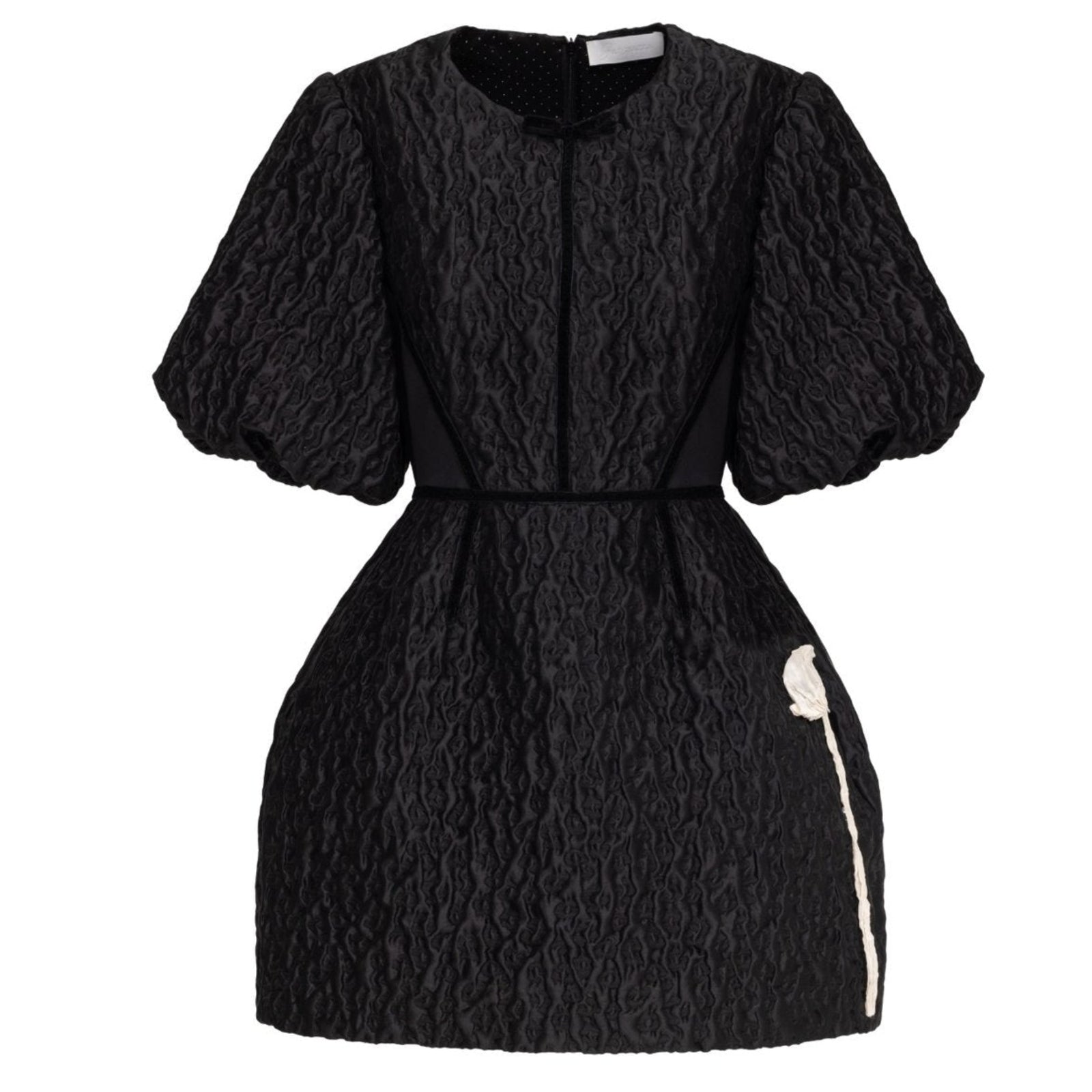 Black Textured Mini Dress with Puff Sleeves