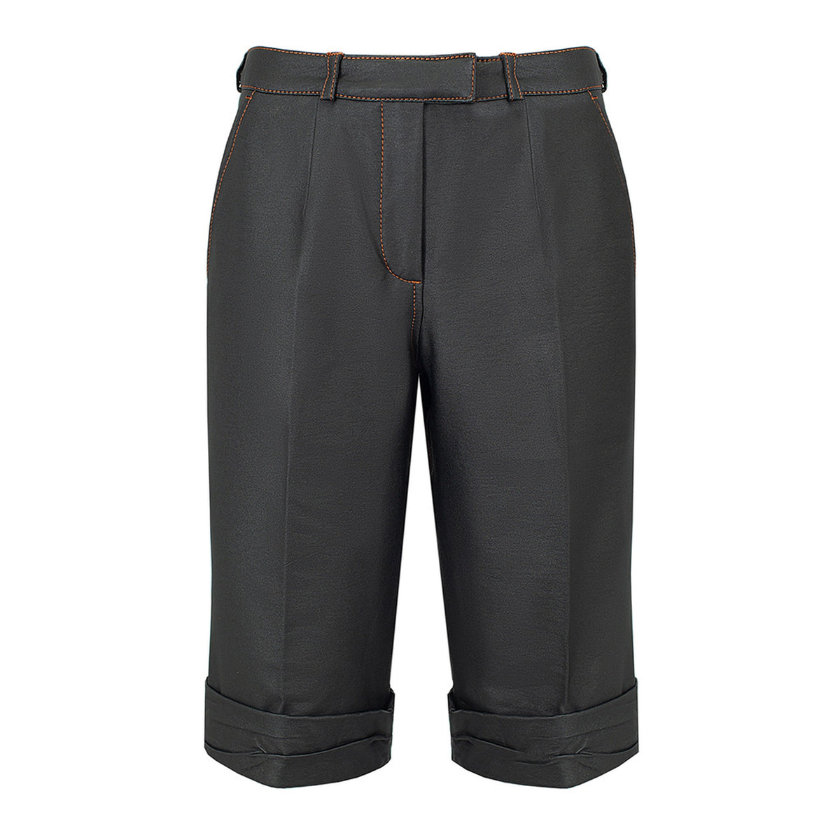 Black wrinkled faux leather shorts with tan stitching by MASHAT