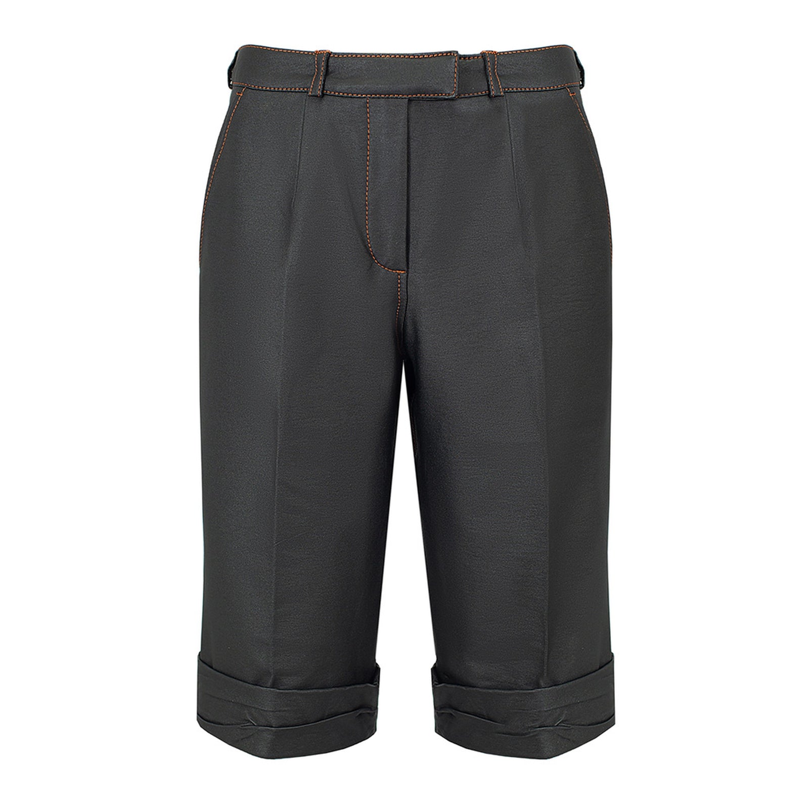 Black wrinkled faux leather shorts with tan stitching by MASHAT