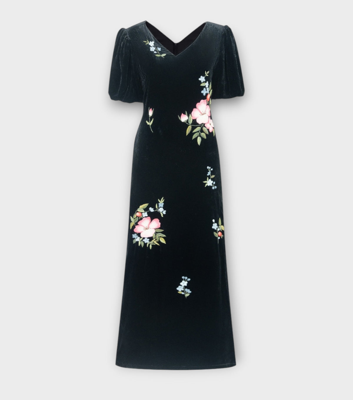 SILK &amp; BEARS black silk velvet puff-sleeve maxi dress with hand-embroidered floral posy, women's evening dress, buy at DOORS NYC
