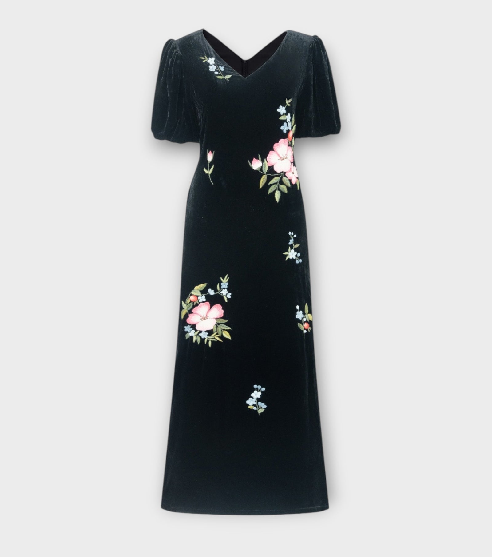Hand-Embroidered Black Floral Silk Velvet Puff-Sleeve Maxi Dress
