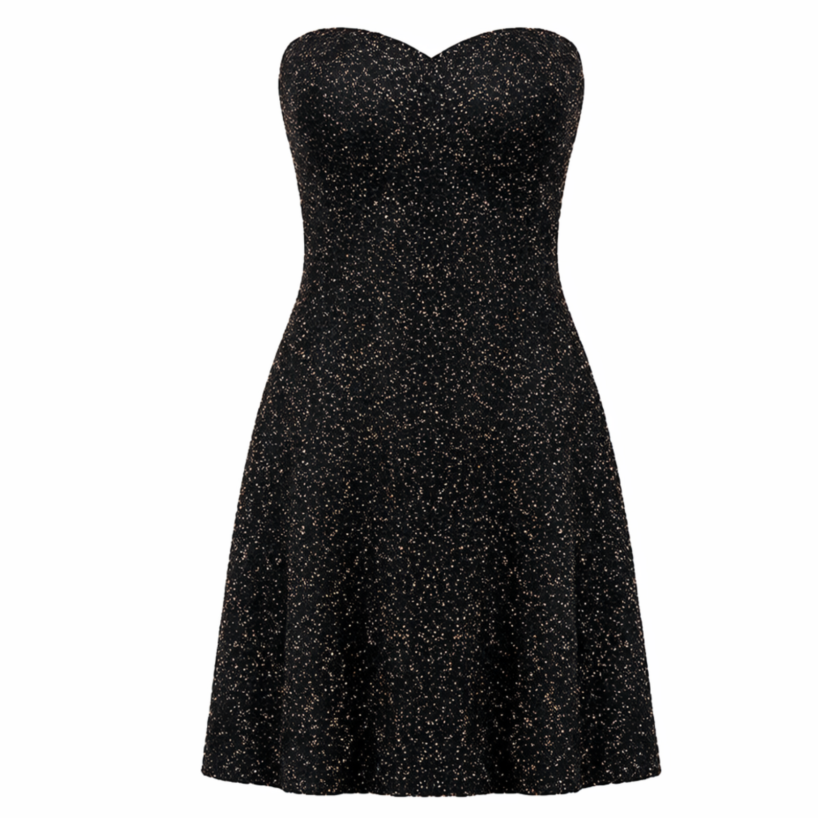Black strapless dress with glittery texture on a white background