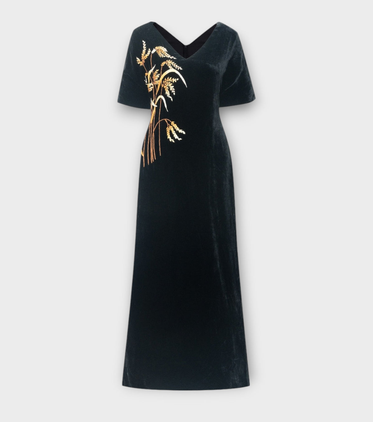 SILK &amp; BEARS black and gold silk velvet kimono-sleeve maxi dress with hand-embroidered wheat sheaf, women's evening dress, buy at DOORS NYC