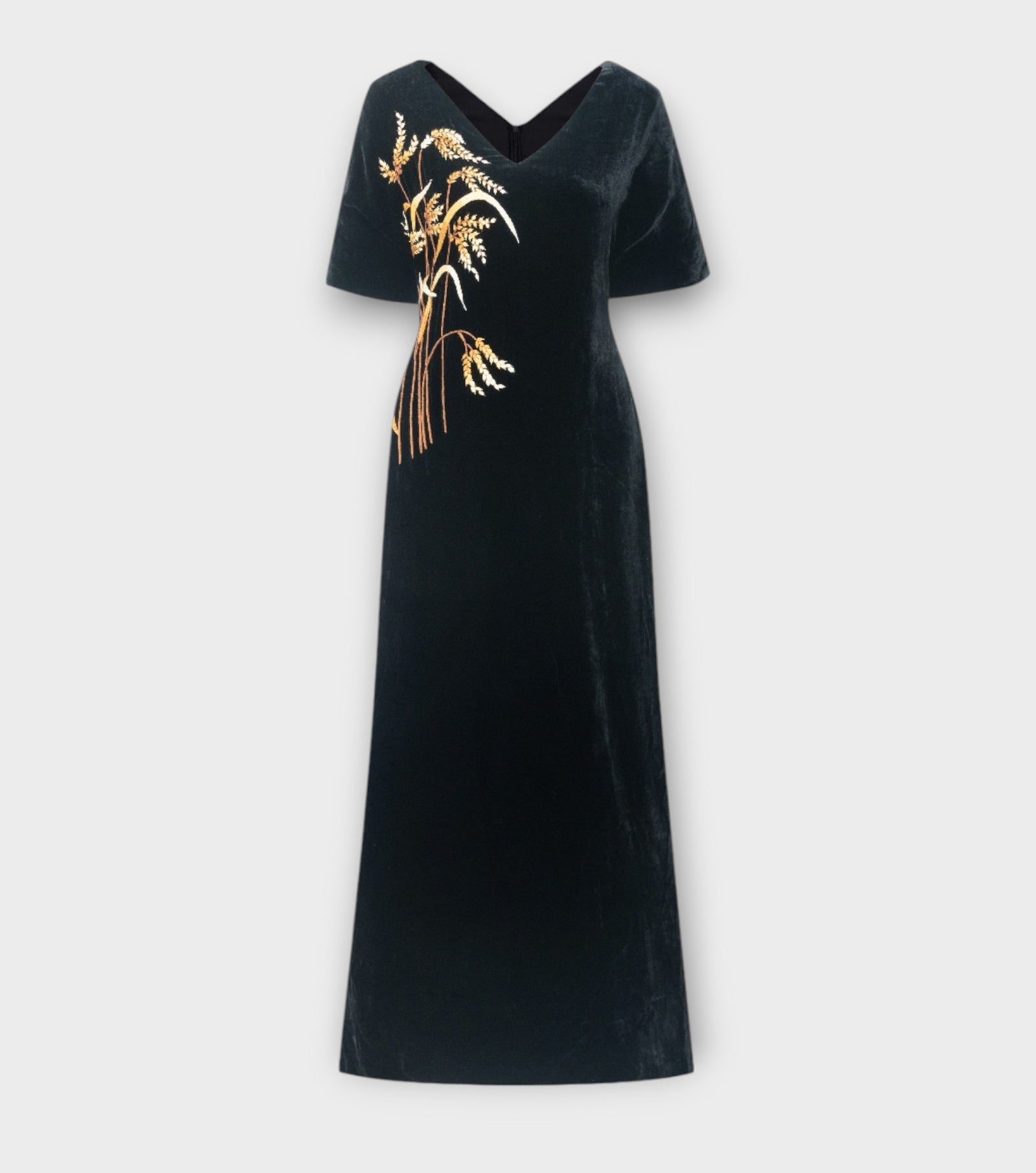 Hand-Embroidered Black & Gold Silk Velvet Kimono-Sleeve Maxi Dress