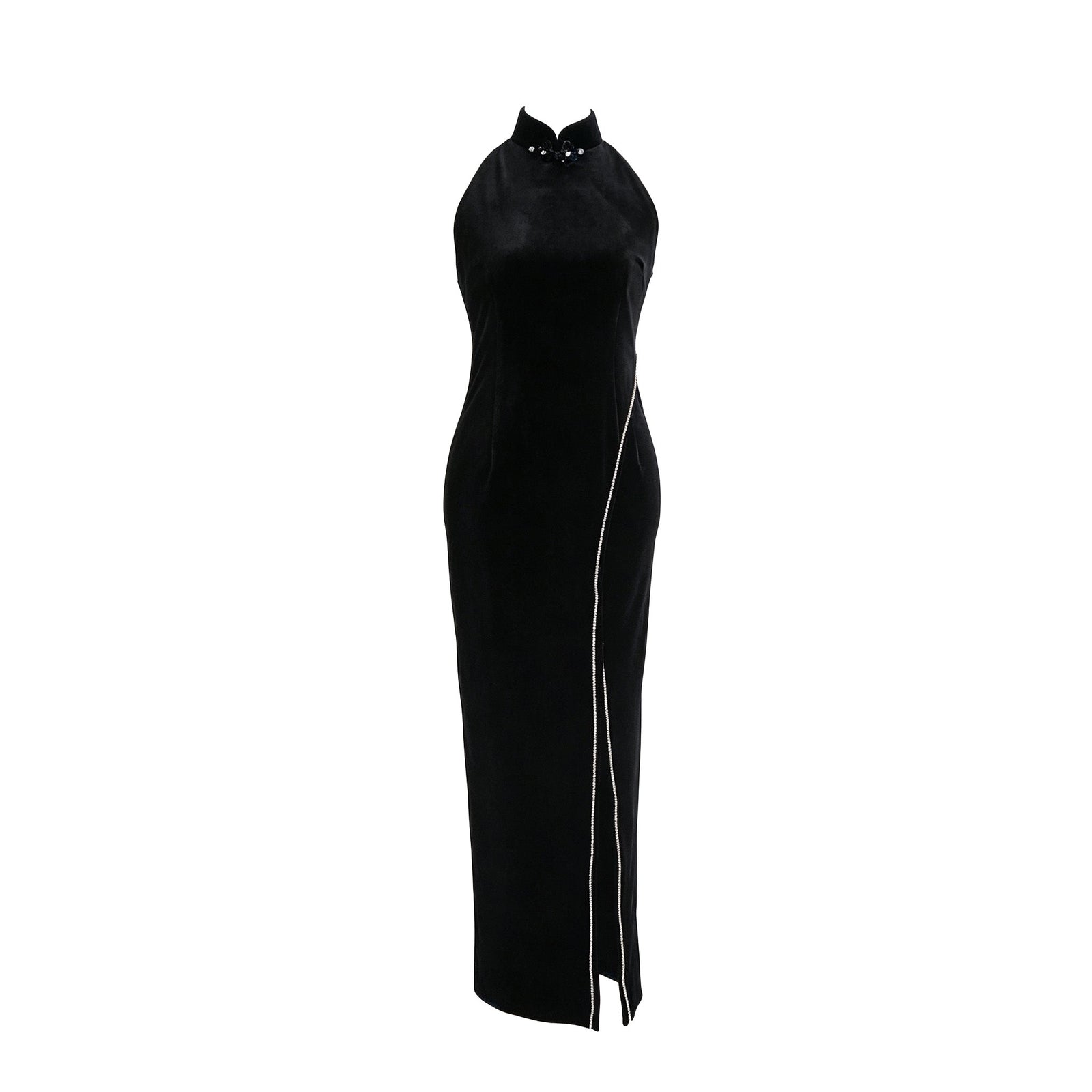 Qipology black velvet halter qipao dress with crystal-trimmed Mandarin collar and high front slit, product view 1, buy at DOORS NYC