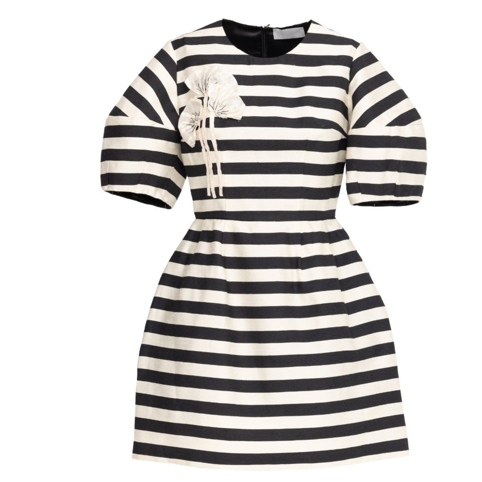 Black & Ivory Striped Mini Dress with Floral Detail