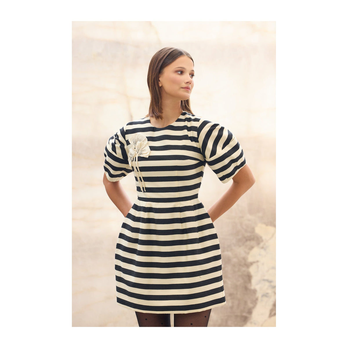 Black &amp; Ivory Striped Mini Dress with Floral Detail