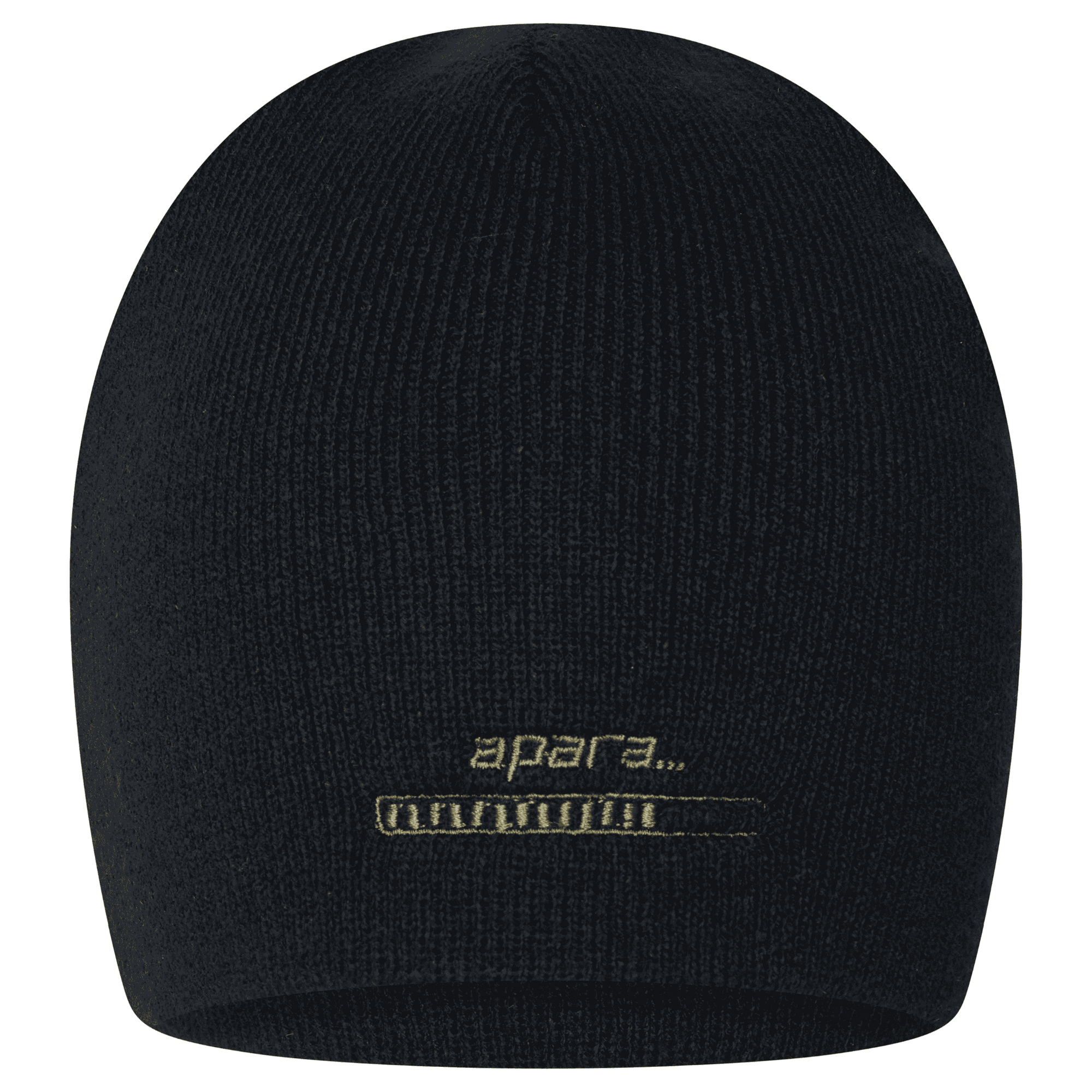 Front view of black khaki beanie hat with APARA LOADING embroidery by ACRA