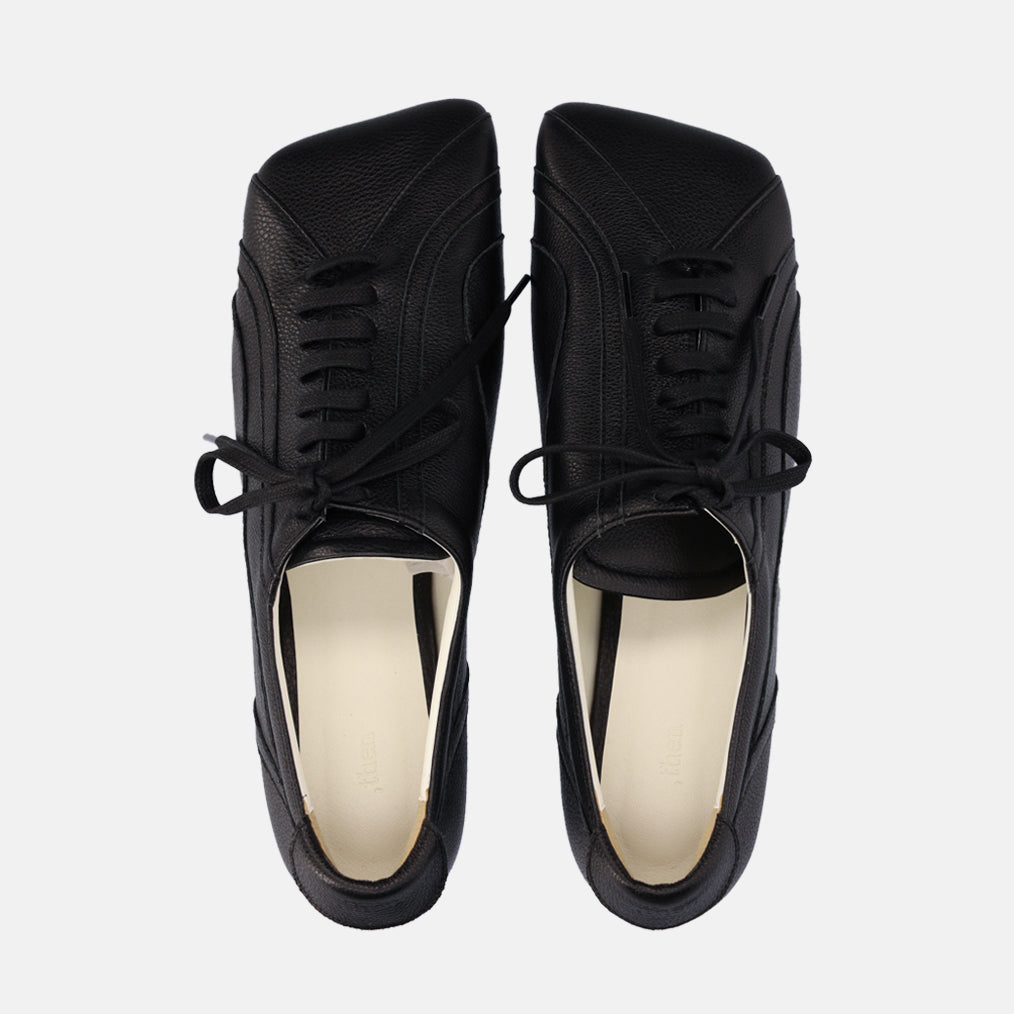 Black Matte Leather Diagonal Design Sneakers