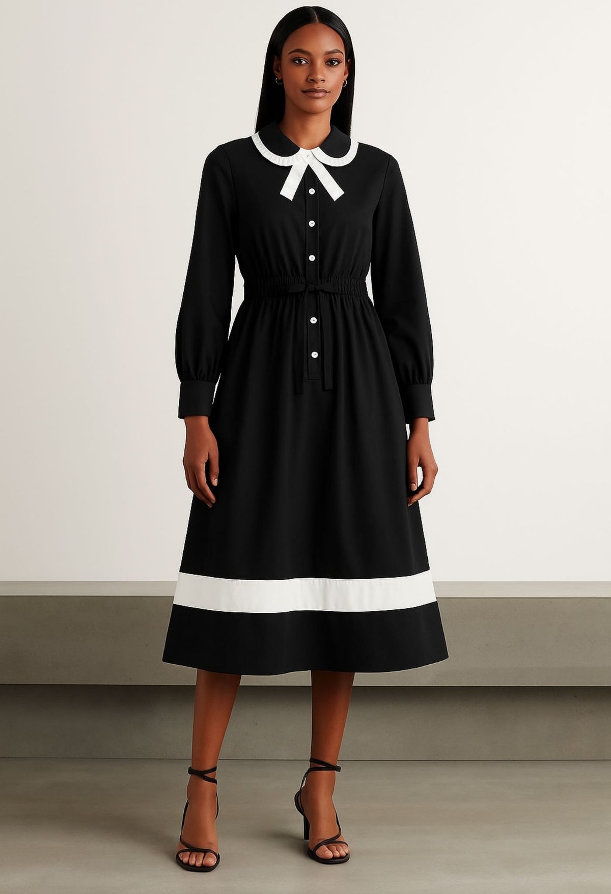 Model wearing black long sleeve shirt dress with white hem stripe and bow collar