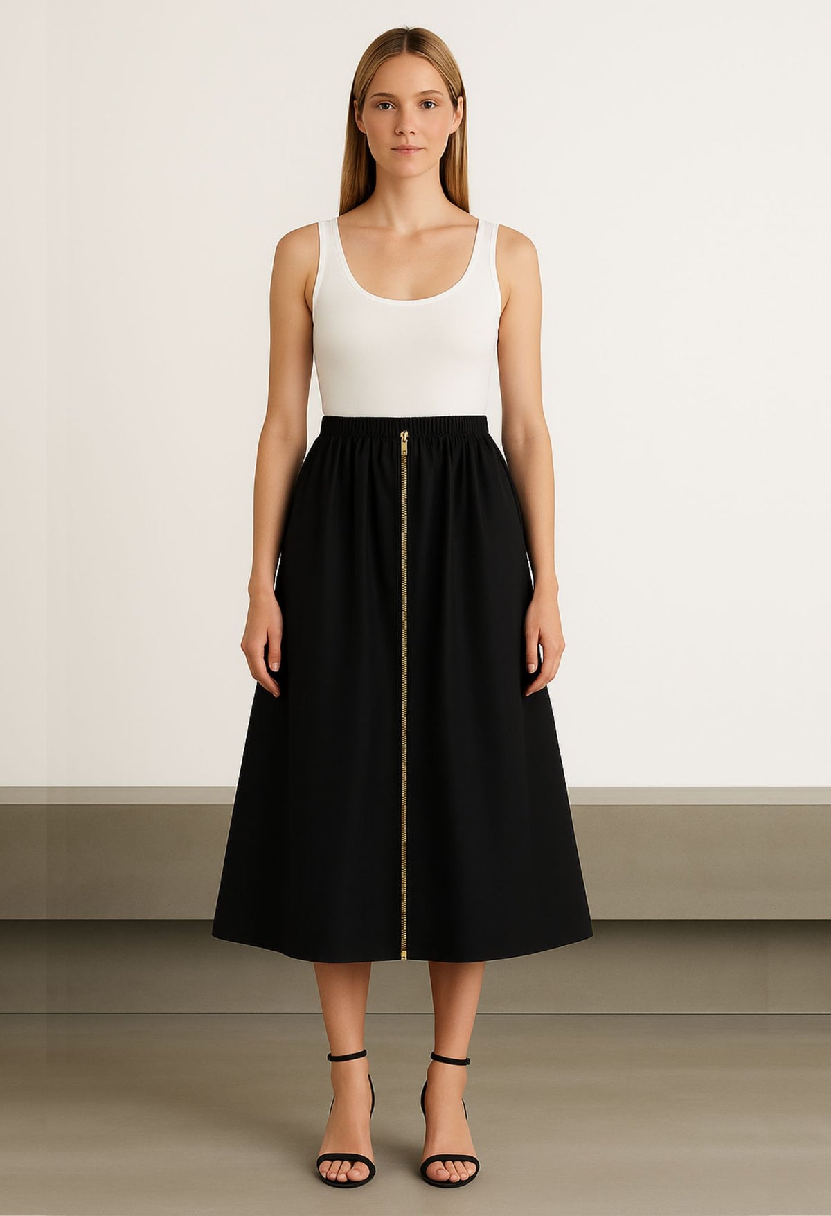 Model wearing black midi skirt with center zip and minimalist silhouette by NARCISS
