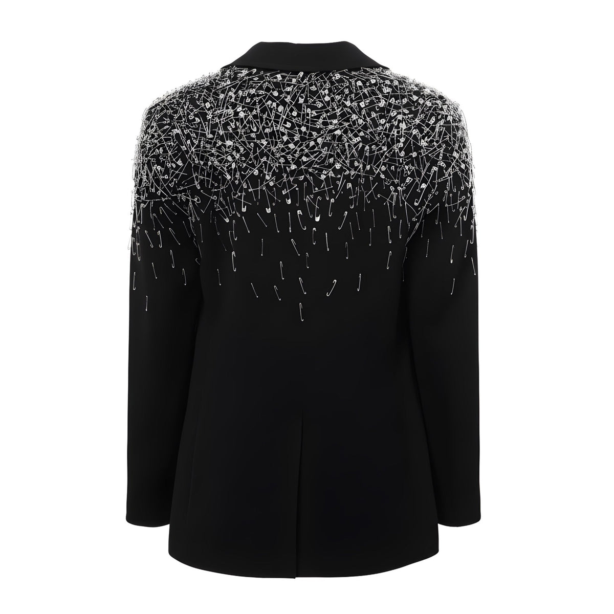 Black coat with decorative silver embellishments on a white background