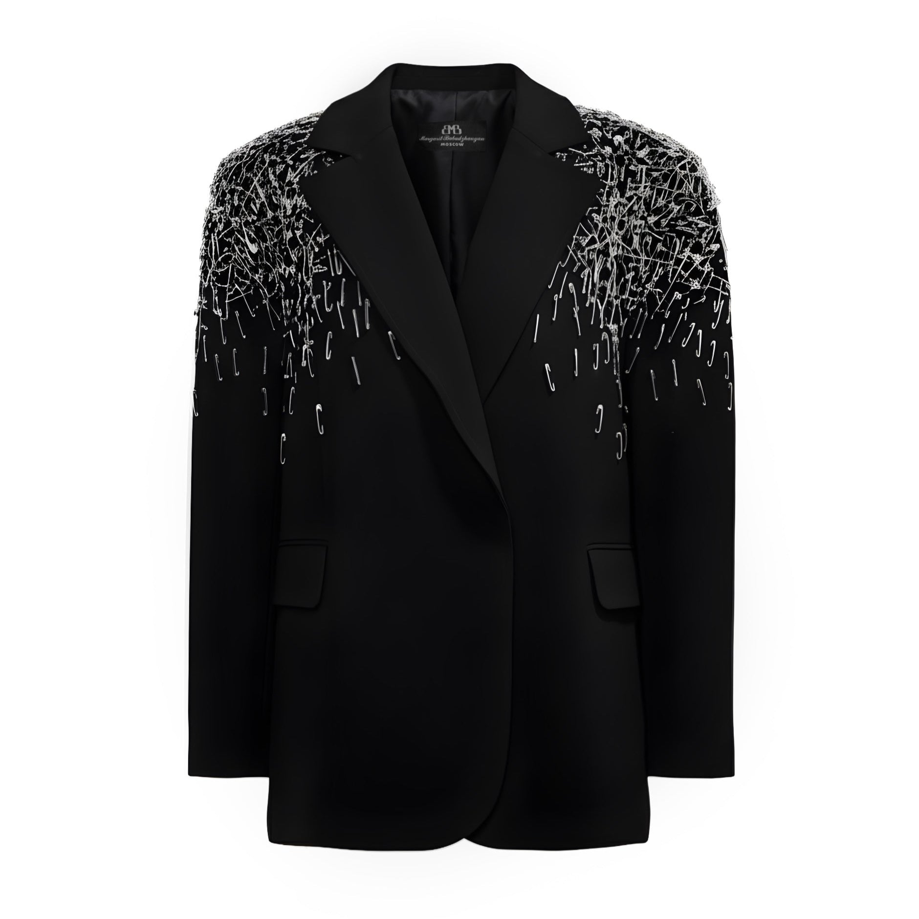 Black blazer with decorative sleeves on a white background