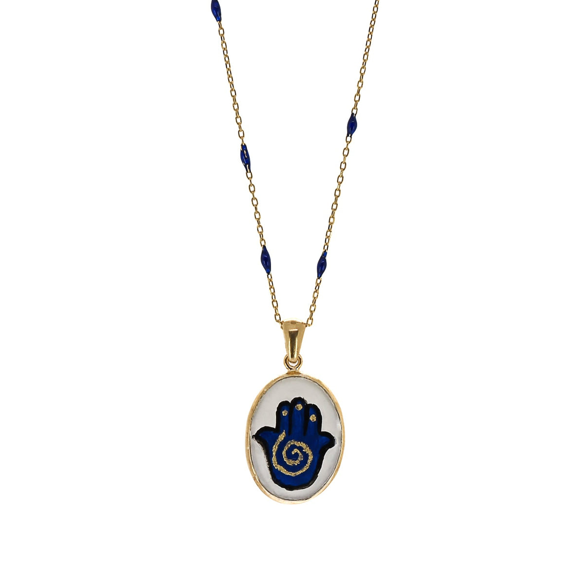 Hamsa Good Fortune Blue &amp; Gold Chain Necklace with Blue Enamel - A Symbol of Protection and Blessings.