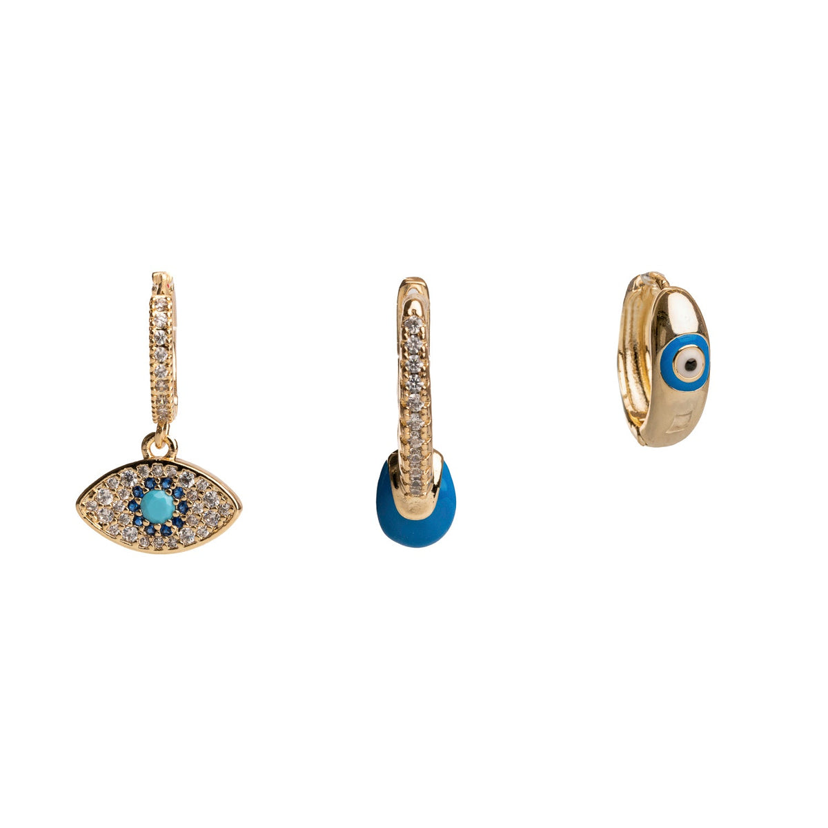 Trio of gold hoop earrings featuring CZ diamonds and blue enamel Evil Eye charms for protection and elegance.