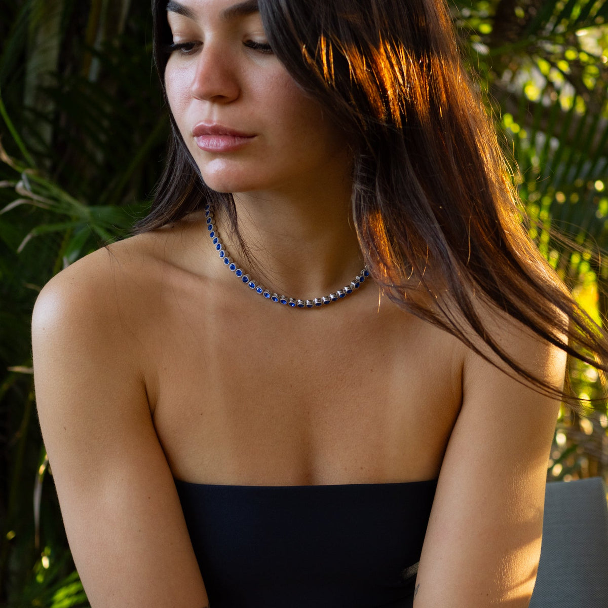 Elegant Blue Sapphire Tennis Necklace with Silver-Plated Bronze, Promoting Wisdom and Protection
