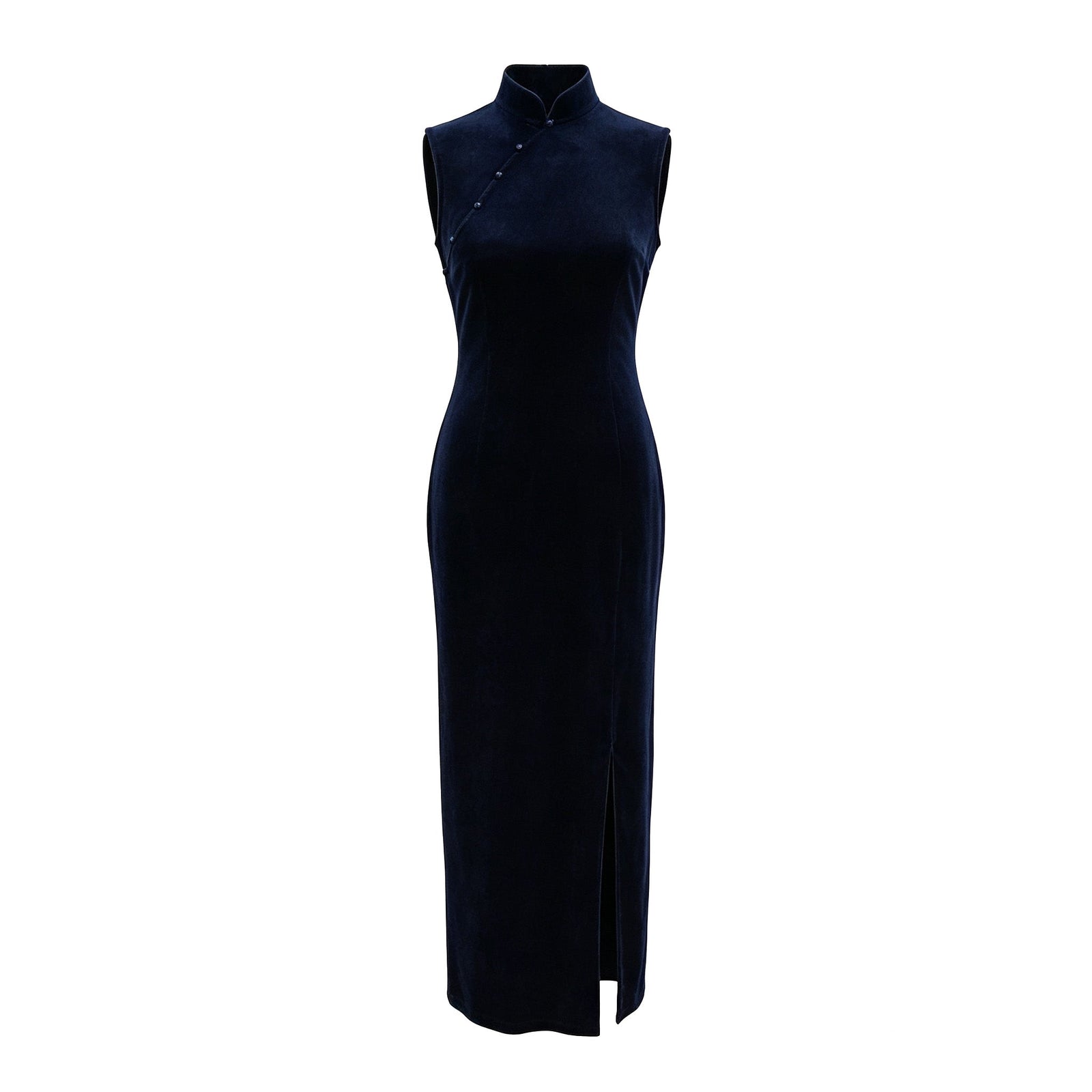 Qipology navy blue velvet sleeveless qipao dress with Mandarin collar, beaded detail and front slit, product view 1, buy at DOORS NYC