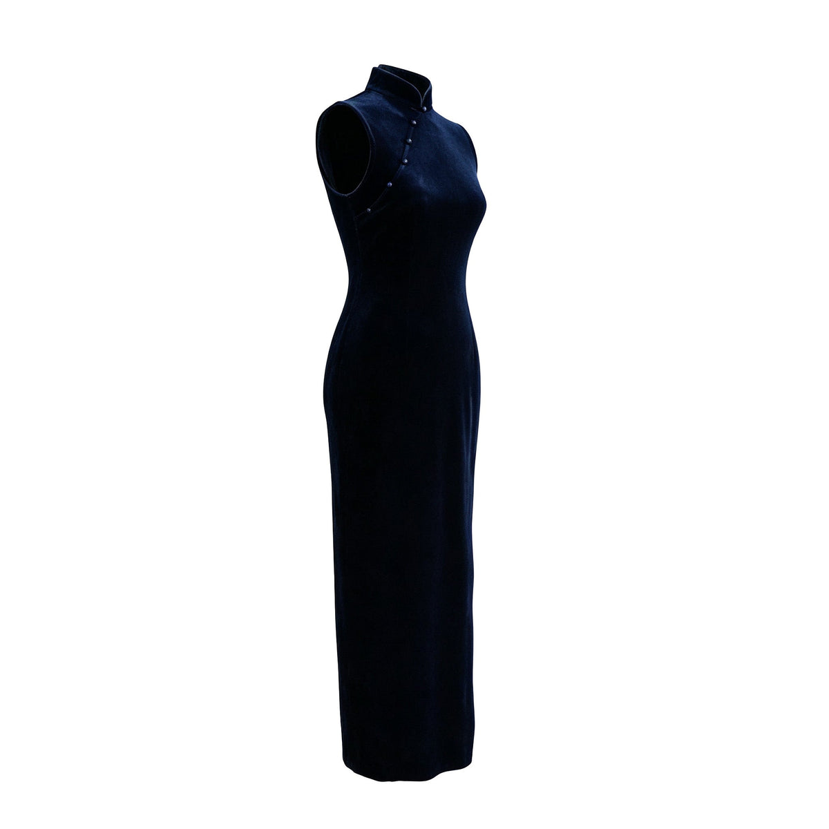 Qipology navy blue velvet sleeveless qipao dress with Mandarin collar, beaded detail and front slit, product view 3, buy at DOORS NYC
