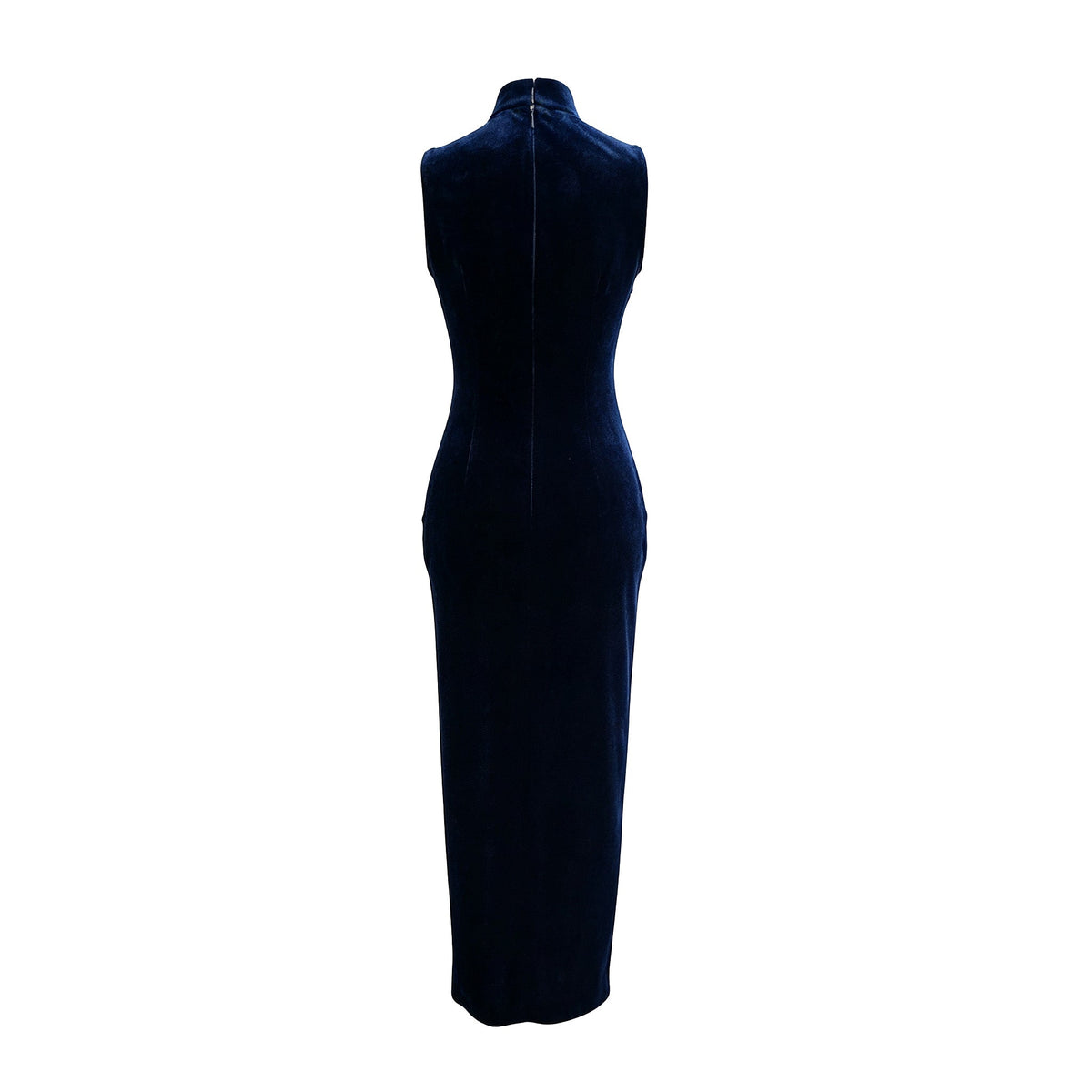 Qipology navy blue velvet sleeveless qipao dress with Mandarin collar, beaded detail and front slit, product view 5, buy at DOORS NYC