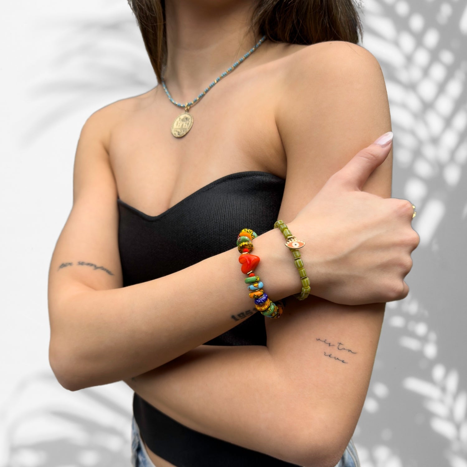 Red Heart & Evil Eye Charm Bracelet Set with Bohemian Glass Beads, Handcrafted in USA