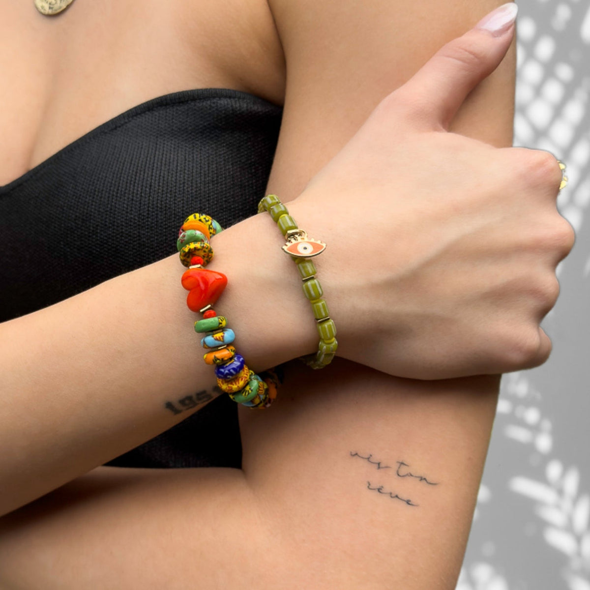 Colorful Bohemian Bracelet Set with Red Heart Charm and Gold Evil Eye Charm, Handcrafted in USA