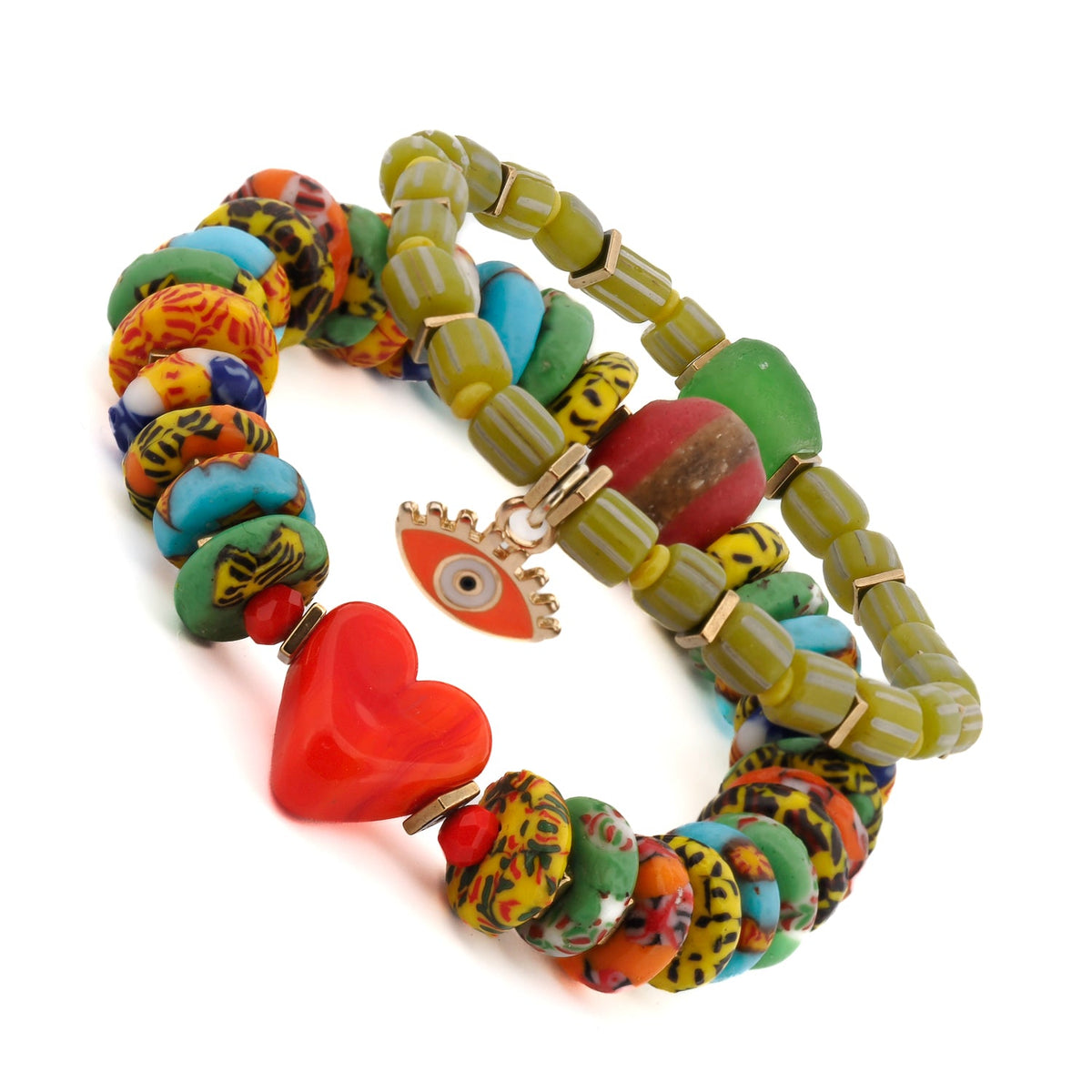Eclectic Bohemian Style Bracelet Set with Red Heart and Gold Evil Eye Charms, Handmade in USA