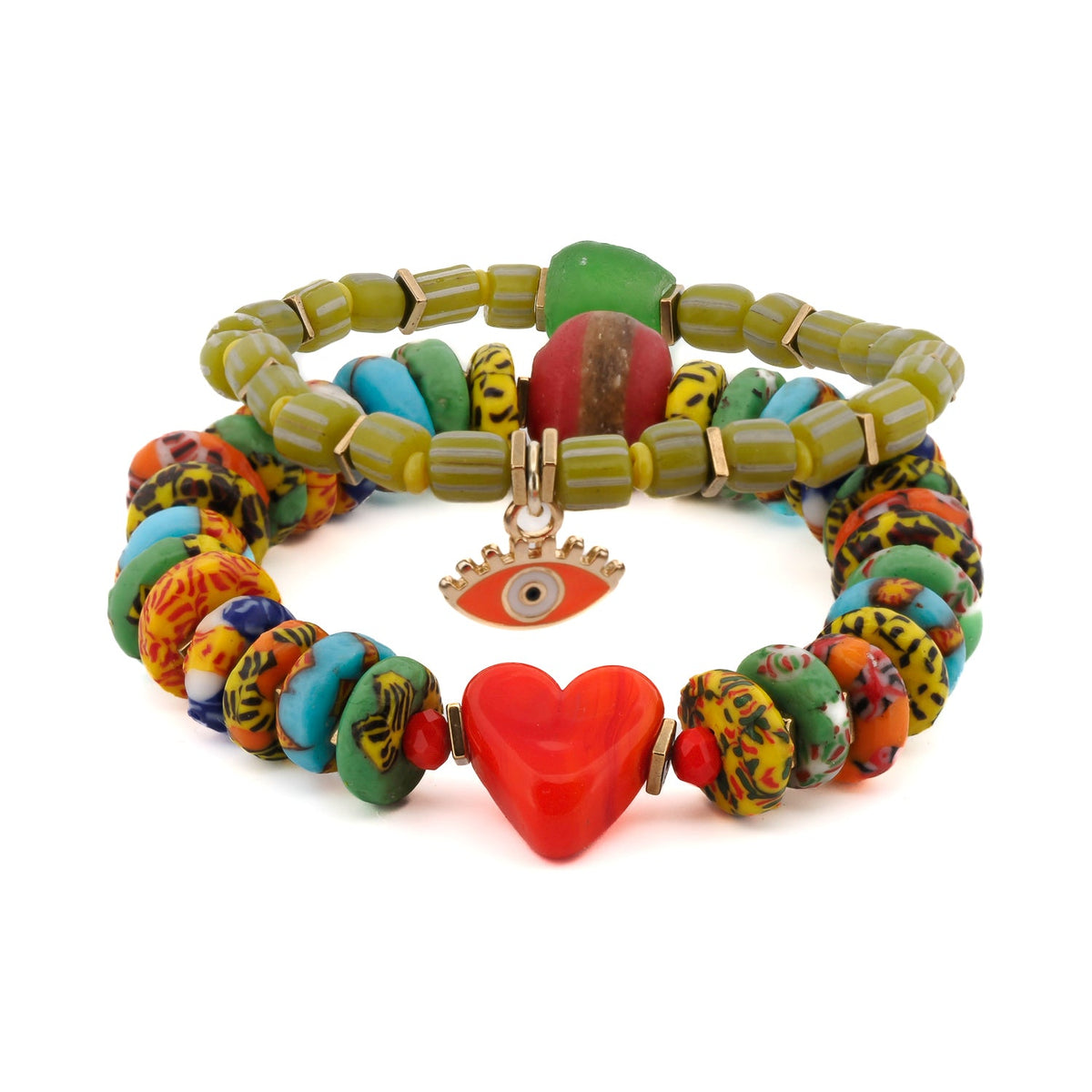 Bohemian Style Red Heart &amp; Evil Eye Happy Bracelet Set with Red Ceramic Heart Bead, Handmade in USA