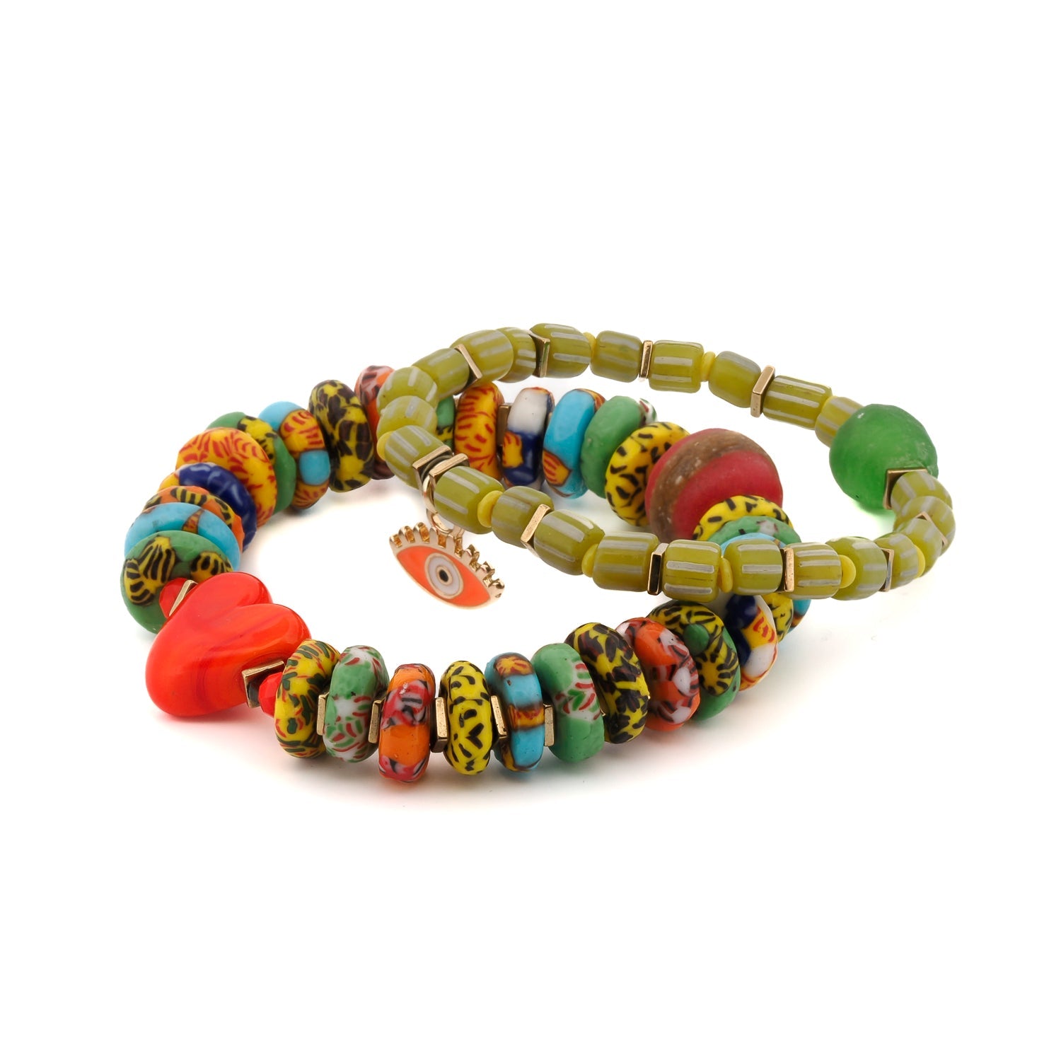 Handcrafted Bohemian Style Bracelet Set with Red Heart and Evil Eye Charms