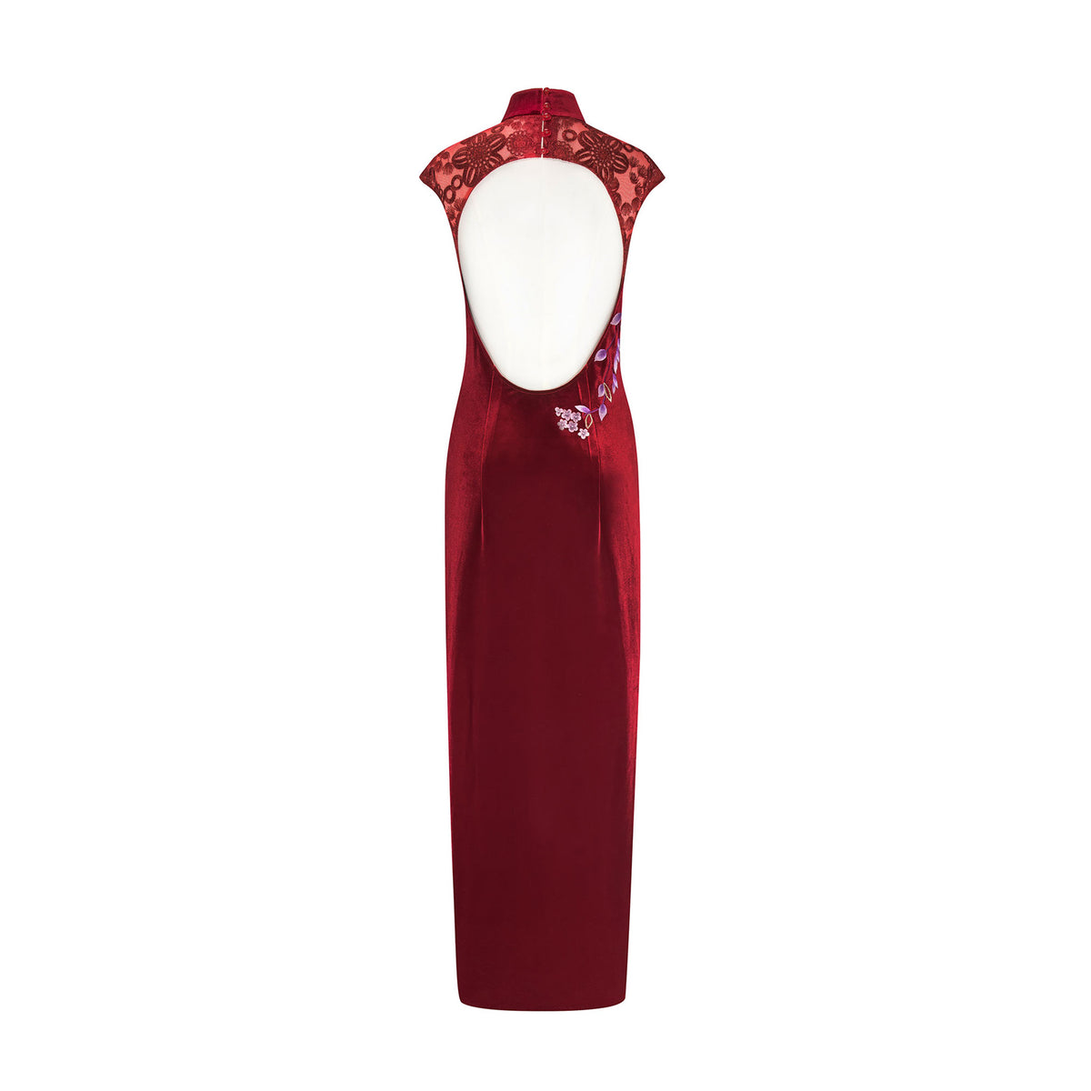 Burgundy Wisteria Backless Qipao