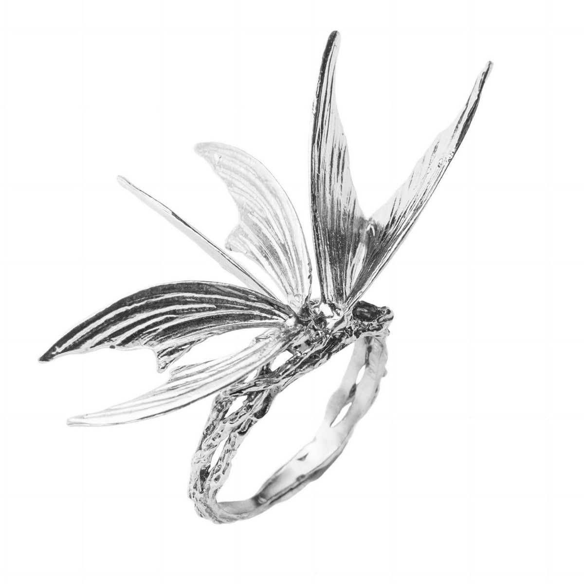 Silver ring with leaf design on a white background