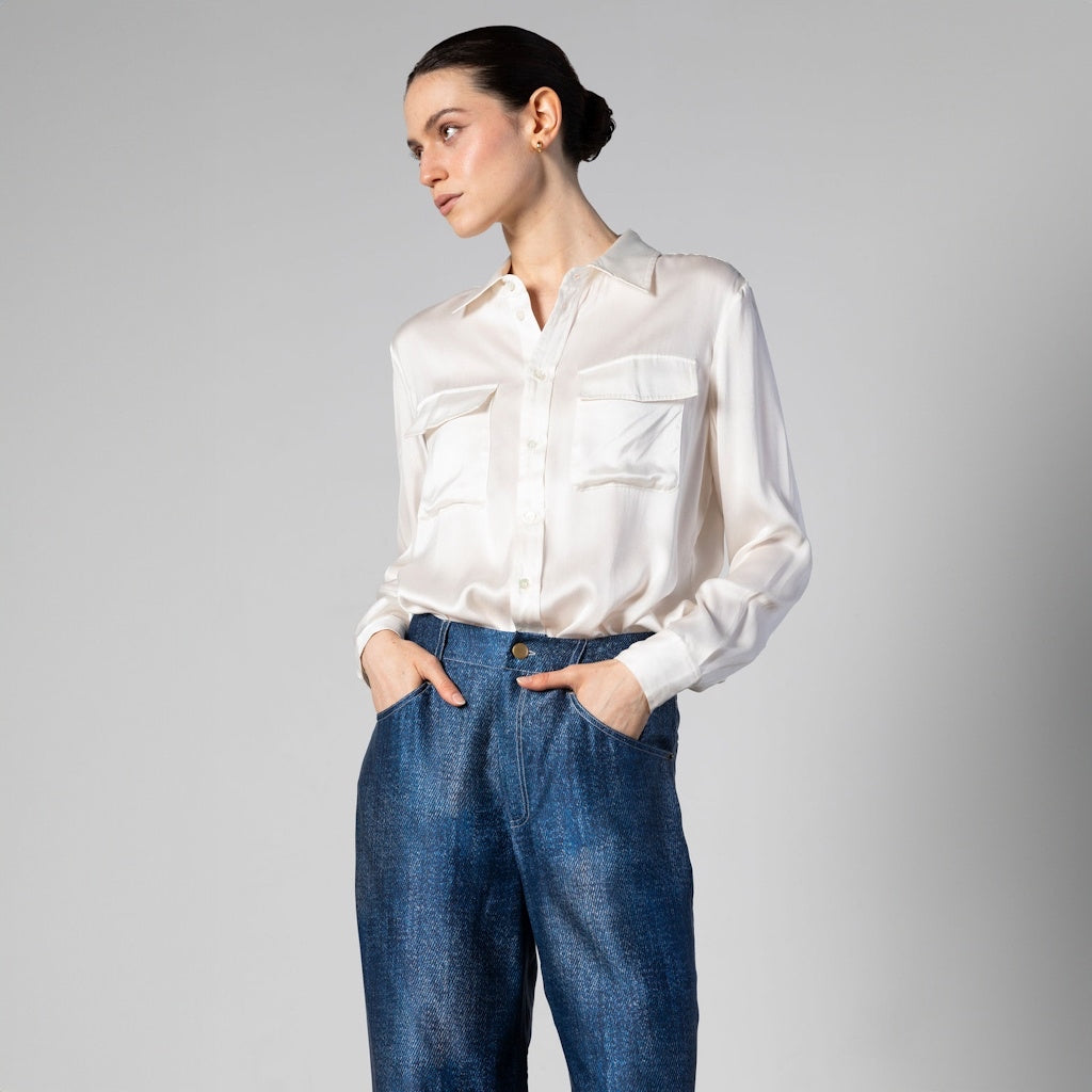 White Boyfriend Silk Shirt with Double Pockets