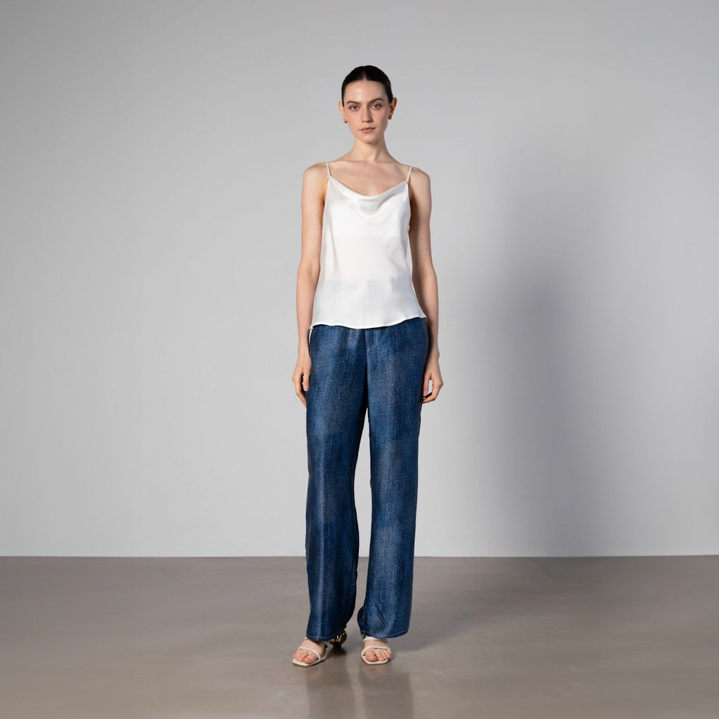 Silk Wide-Leg Jeans with Contrast Stitching