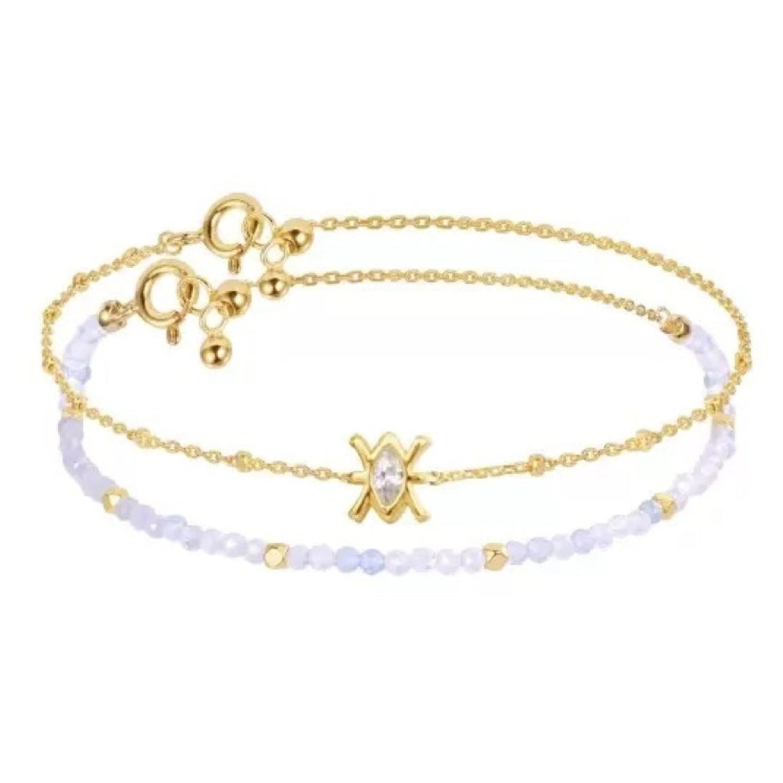 Gold and white beaded bracelet on a white background