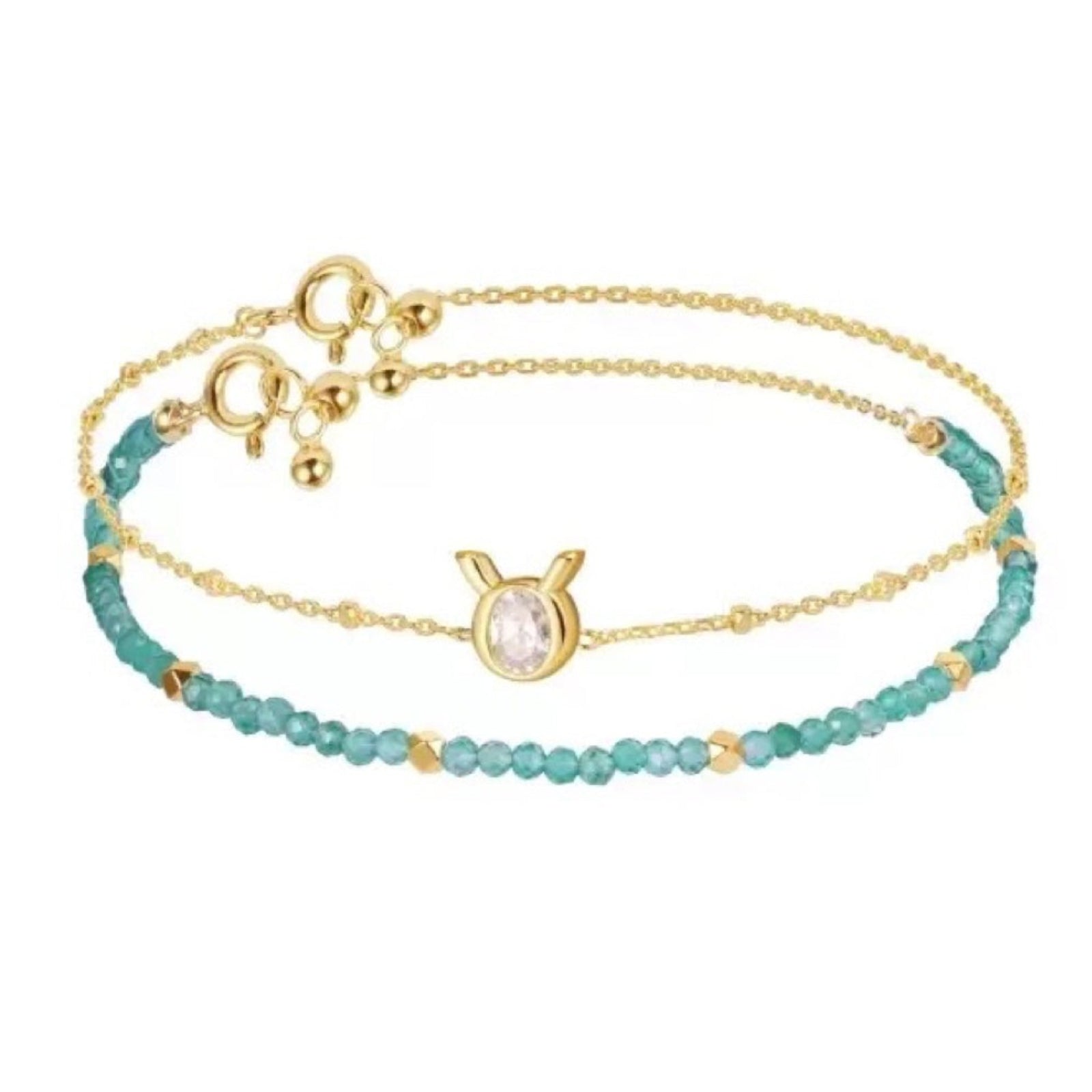 Two beaded bracelets, one gold and one turquoise, on a white background