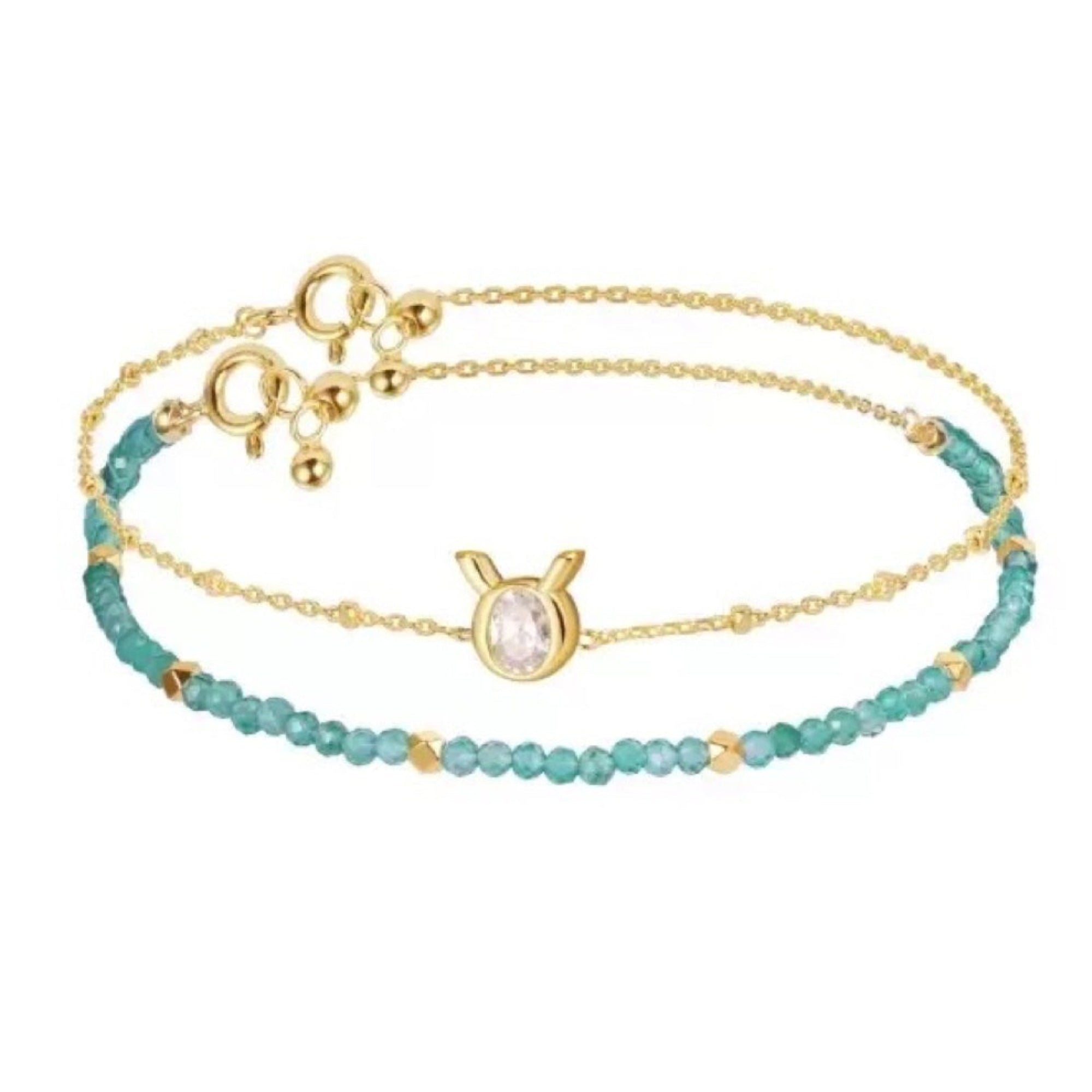 Two beaded bracelets, one gold and one turquoise, on a white background