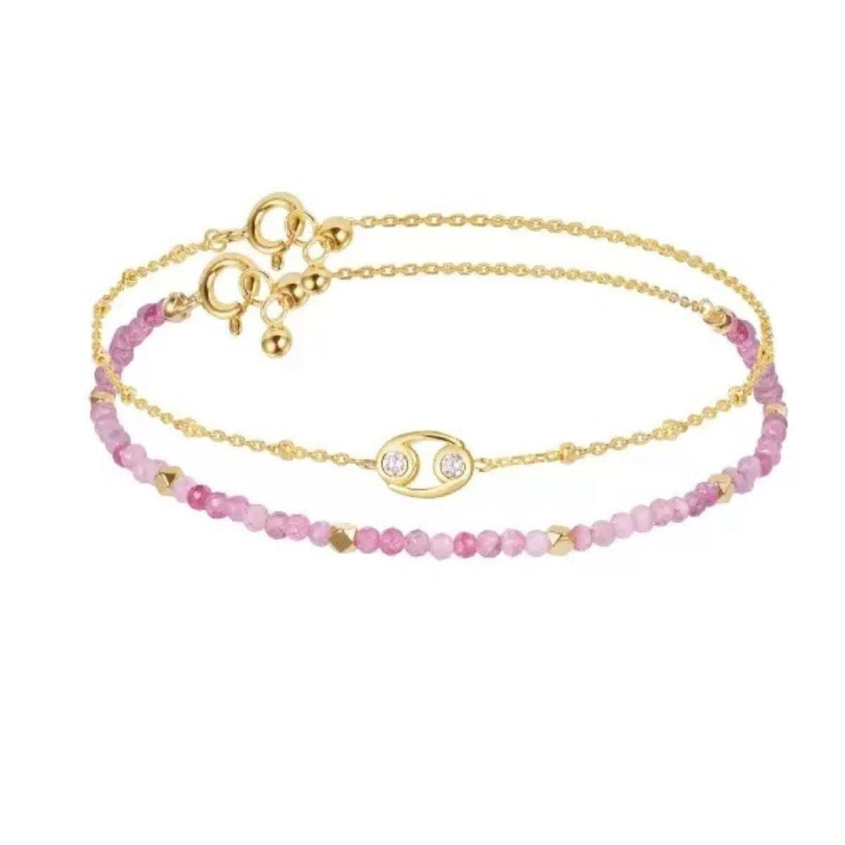 Gold bracelet with pink beads on a white background