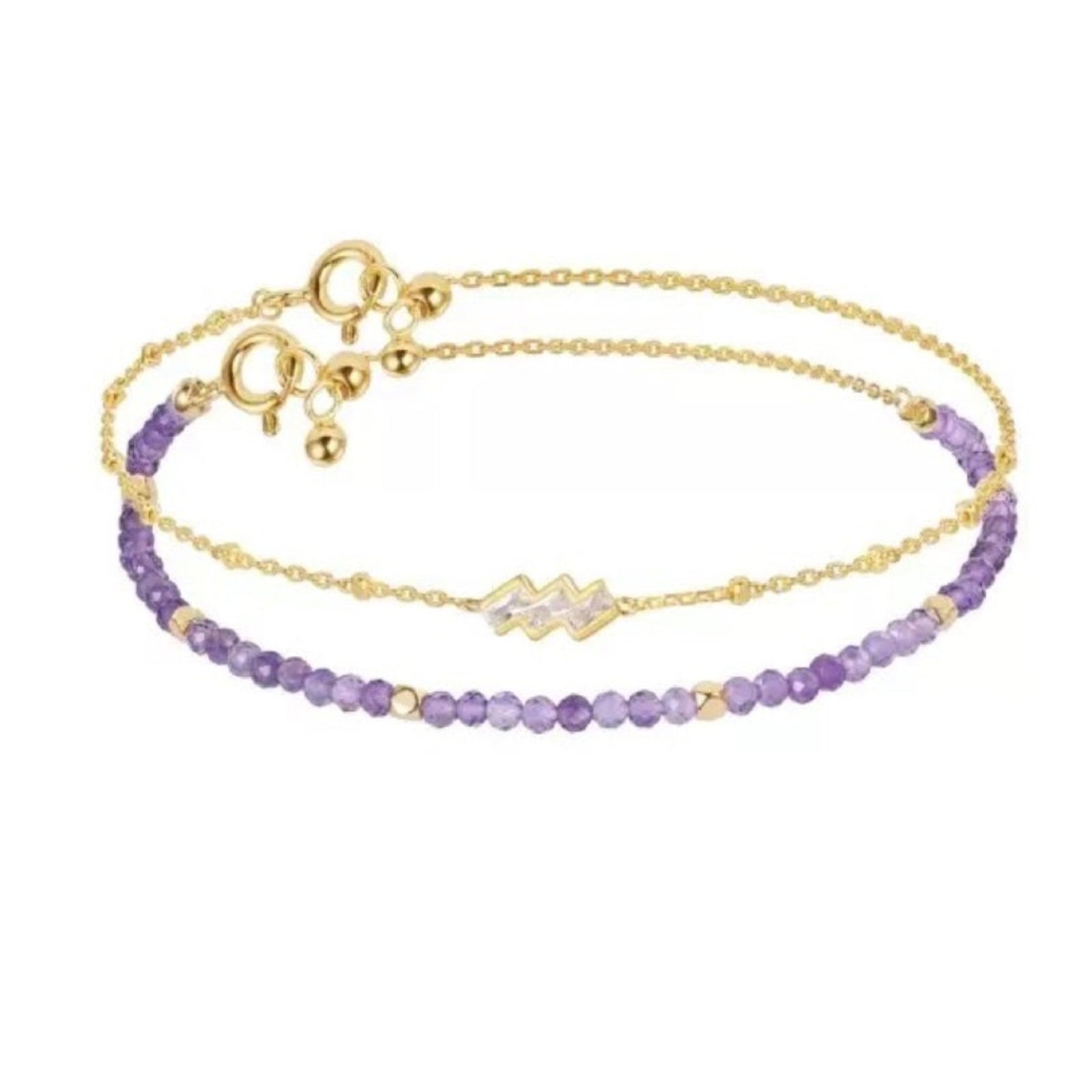 Gold and purple beaded bracelet set on a white background