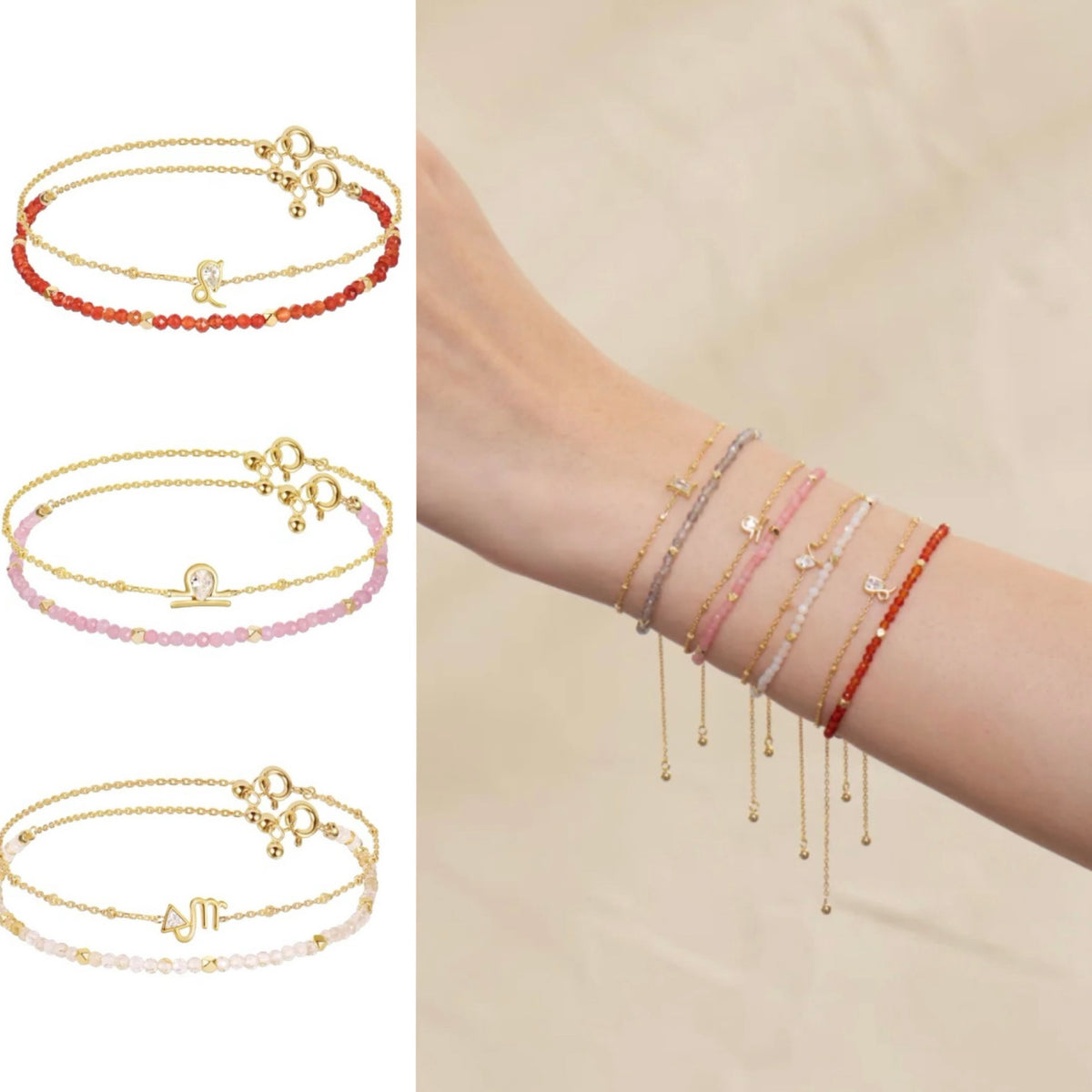 Set of delicate beaded bracelets on a neutral background
