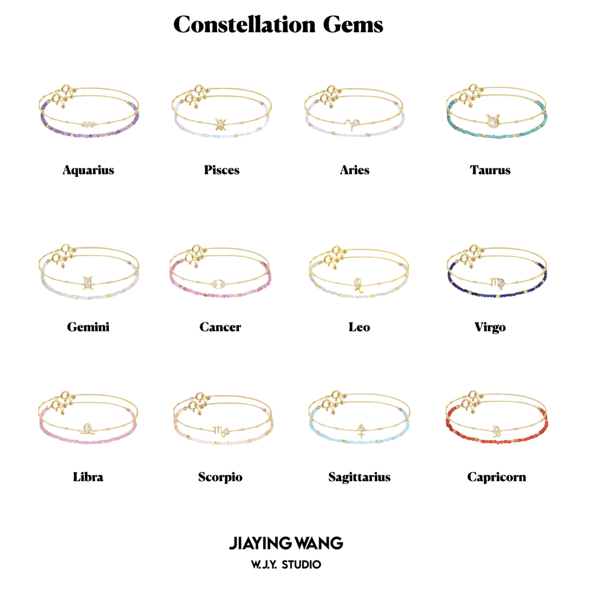 Bracelets representing different zodiac signs with 'JIAYING WANG' and 'W.Y. STUDIO' branding.