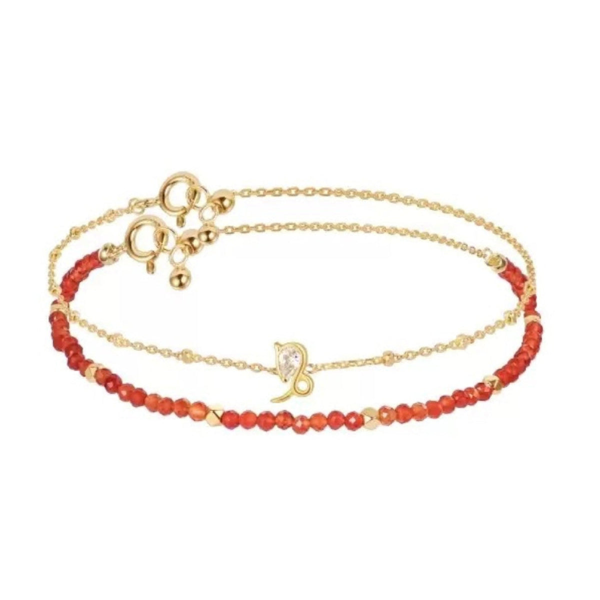 Gold and red beaded bracelet on a white background