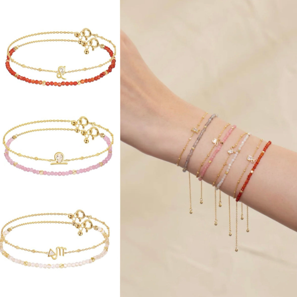 Set of beaded bracelets in various colors on a beige background