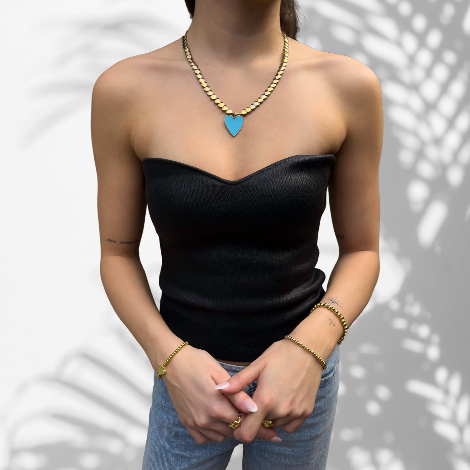 18K Gold-Plated Blue Enamel Heart Pendant Necklace with Heart-Shaped Gold Hematite Beads, Handcrafted in USA